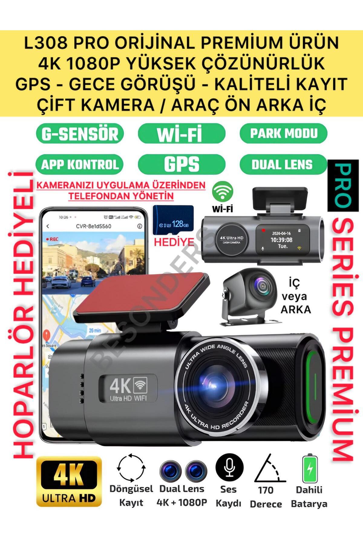 Besonders L308 PRO SERİ 1080P 4K Full HD Çift Kamera Wifi GPS Gsensör Gece Görüş Araç İçi Ön Arka Kayıt Kamera