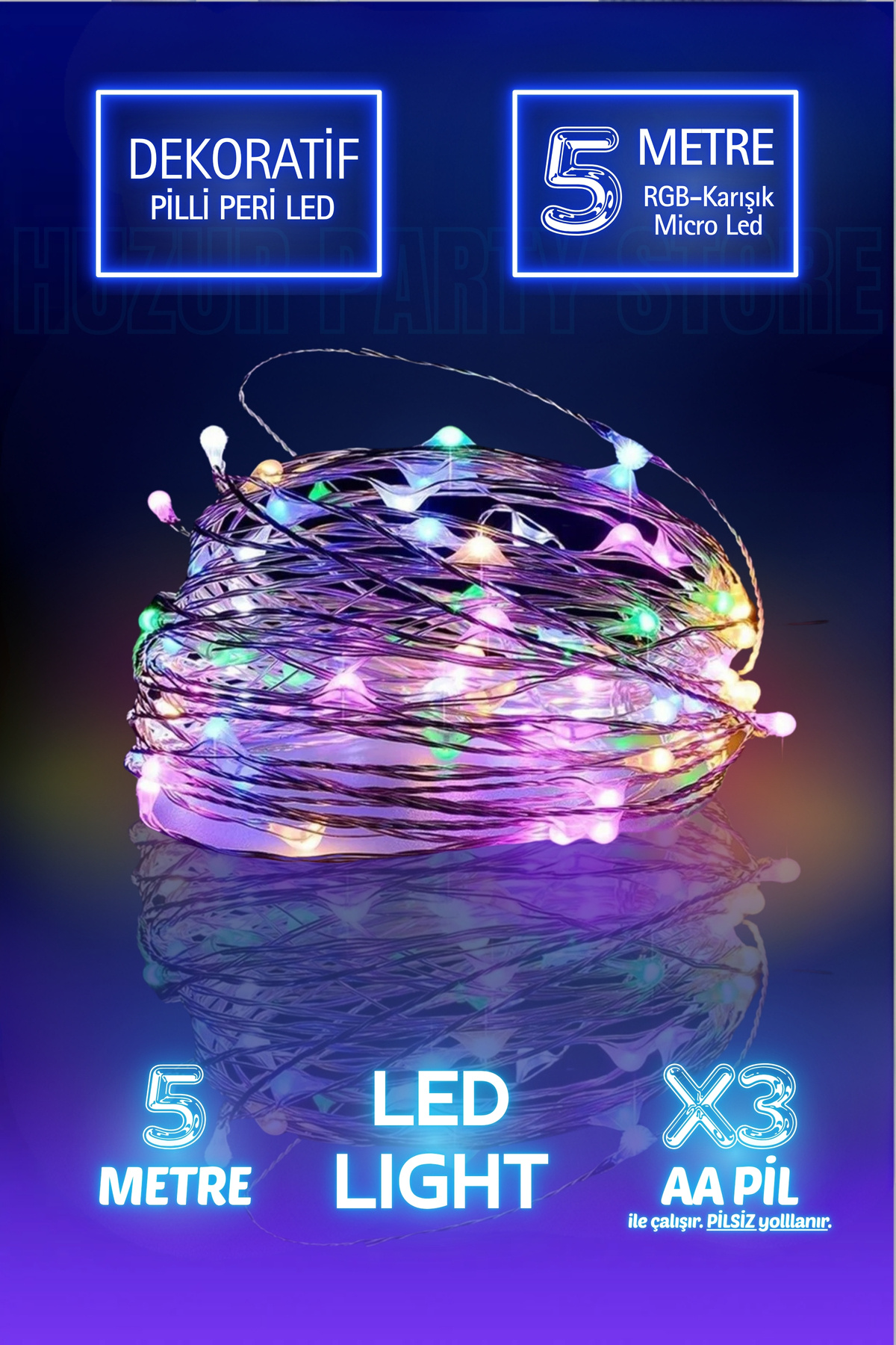 Huzur Party Store 5 Metre Karışık Renkli Yılbaşı Ağacı Işığı Süsü Peri Led Işık Dekoratif Pilli 3 Fonksiyonlu Lamba