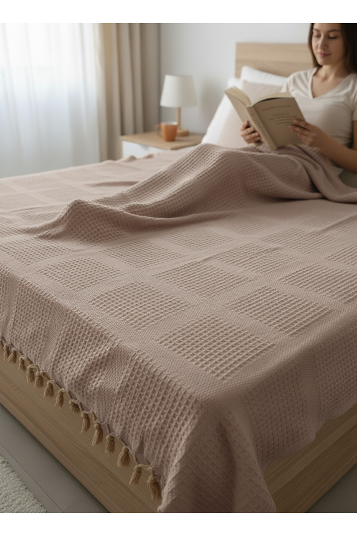 100% Cotton Double Quilting , Fringed Bedspread Square Waffle Pattern 220x240