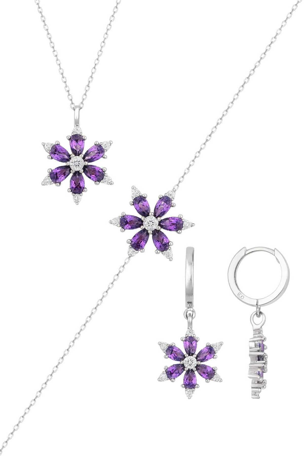 Bilsen Store 925 Ayar Gümüş Zincirli Ametist Damla Taşlı Lotus Kamelya Çiçeği Üçlü Set