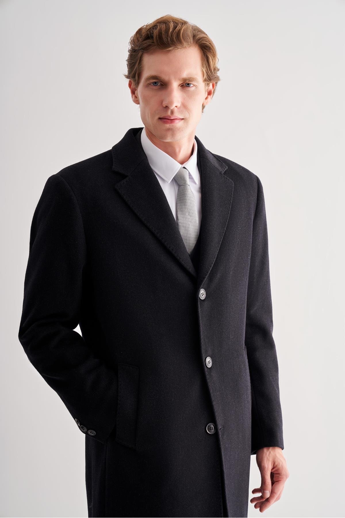 İmza  Siyah Mono Yaka Palto Tam Astar Classic Comfort Fit Yünlü Kaşe Palto 1005255151 - Görsel 4