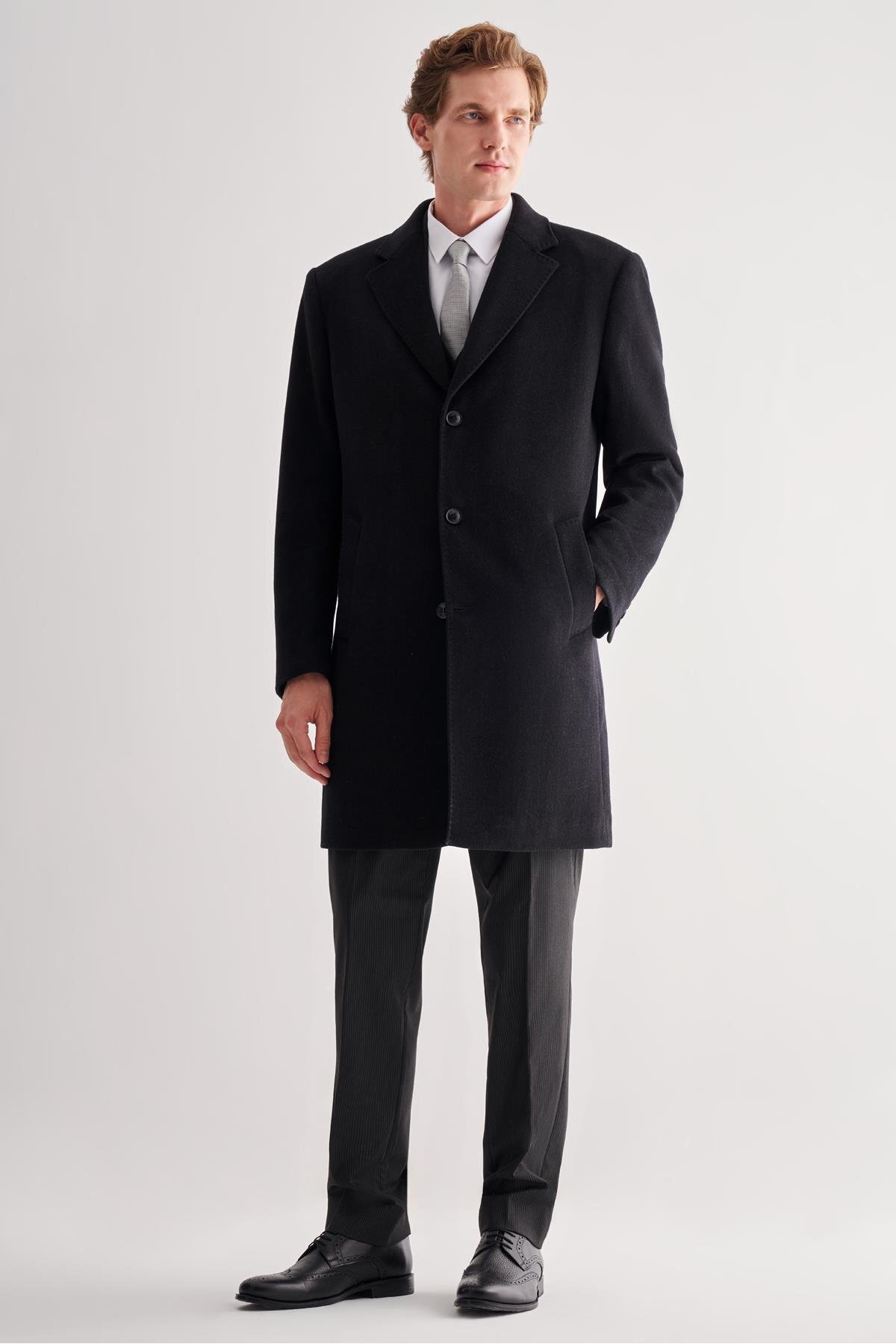 İmza  Siyah Mono Yaka Palto Tam Astar Classic Comfort Fit Yünlü Kaşe Palto 1005255151 - Görsel 3