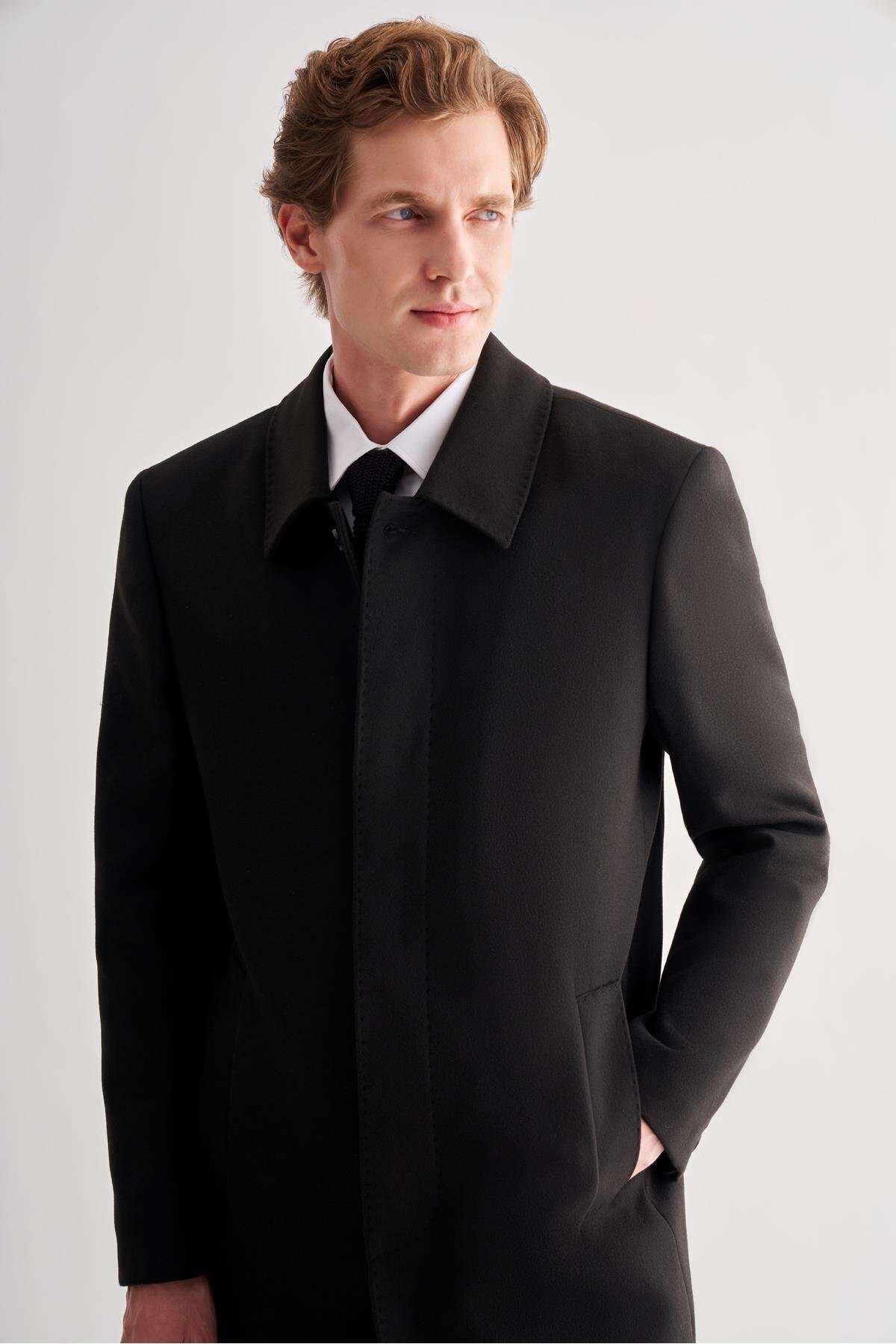 İmza  Siyah Berberi Yaka Tam Astar Classic Comfort Fit Esnek Kaşe Palto 1005255152 - Görsel 4