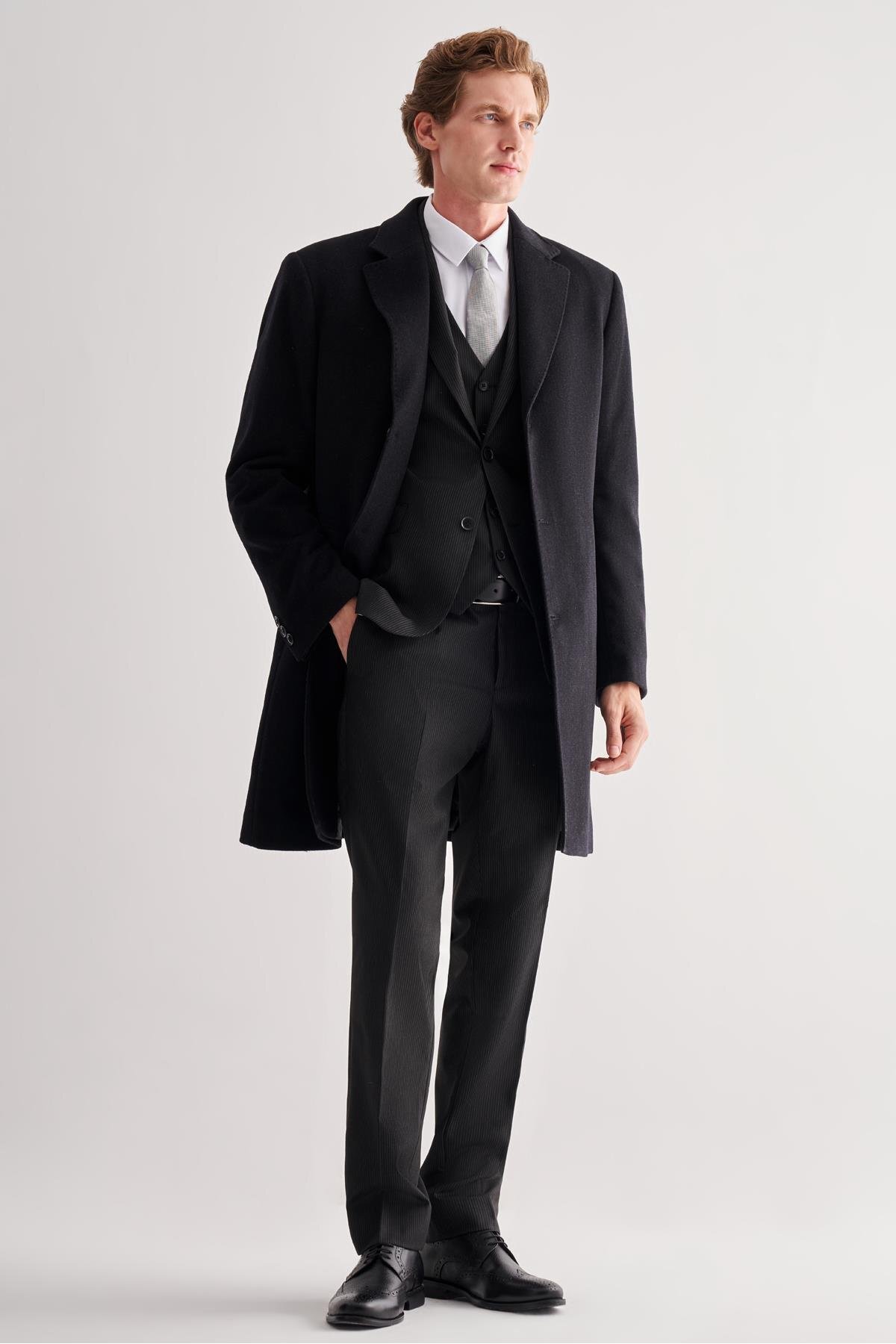 İmza  Siyah Mono Yaka Palto Tam Astar Classic Comfort Fit Yünlü Kaşe Palto 1005255151 - Görsel 2