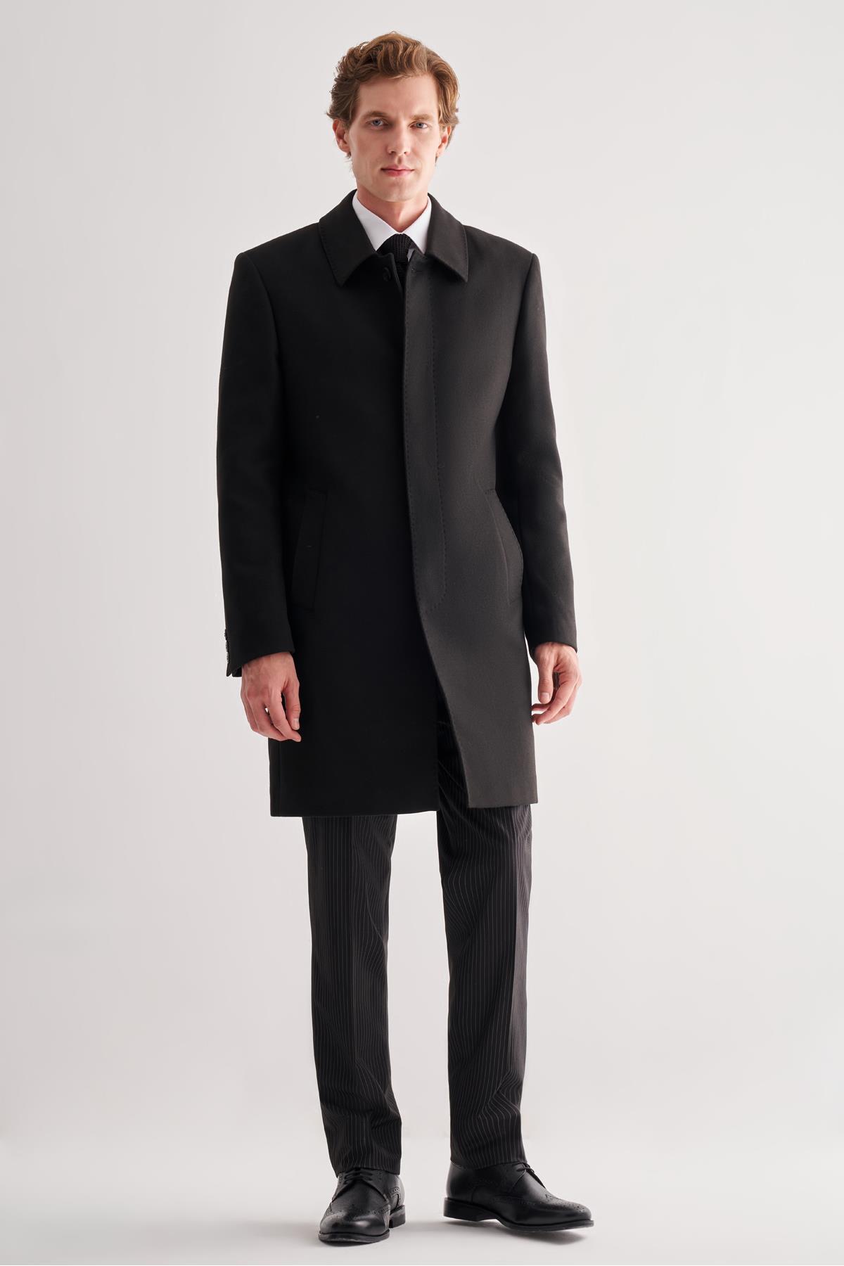 İmza  Siyah Berberi Yaka Tam Astar Classic Comfort Fit Esnek Kaşe Palto 1005255152 - Görsel 2