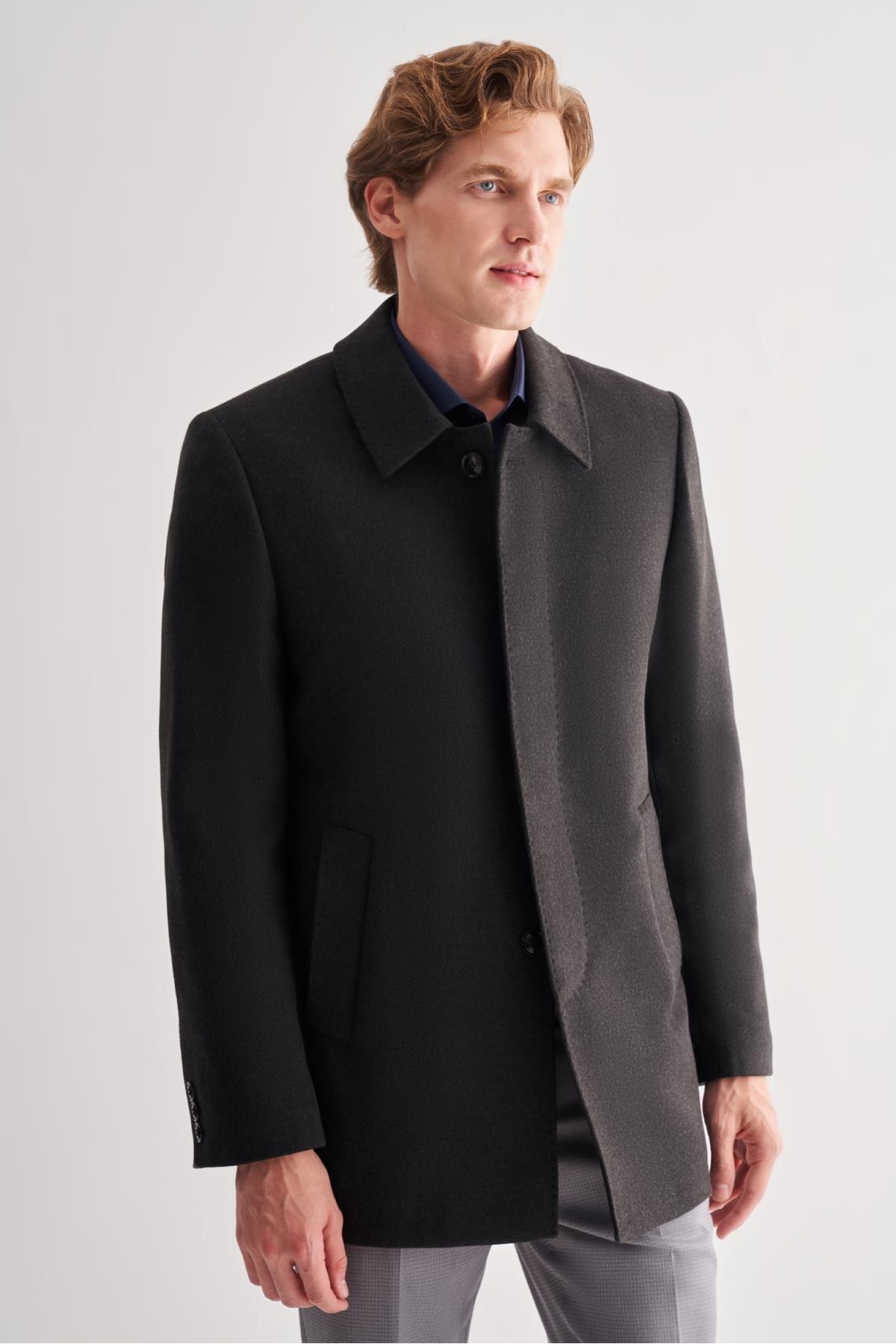 İmza  Koyu Antrasit Kaşe Bebe Yaka Kapitoneli Astar Comfort Fit Rahat Kesim Klasik Kaban 1008245161