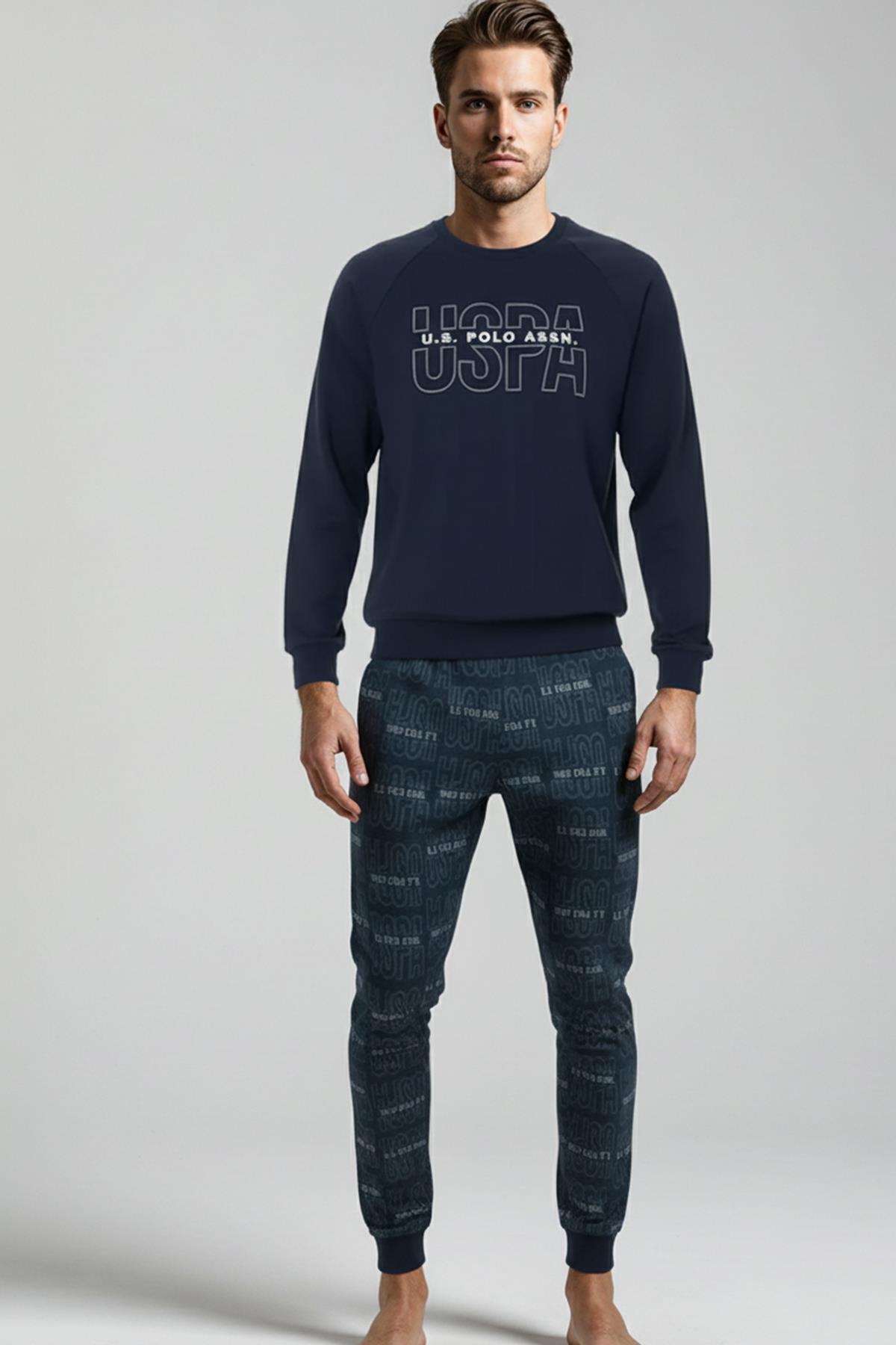 یو اس پولو ست لباس خواب مردانه آستین بلند سرمه‌ای یقه گرد طرح‌دار با لبه کشی C8T6N981