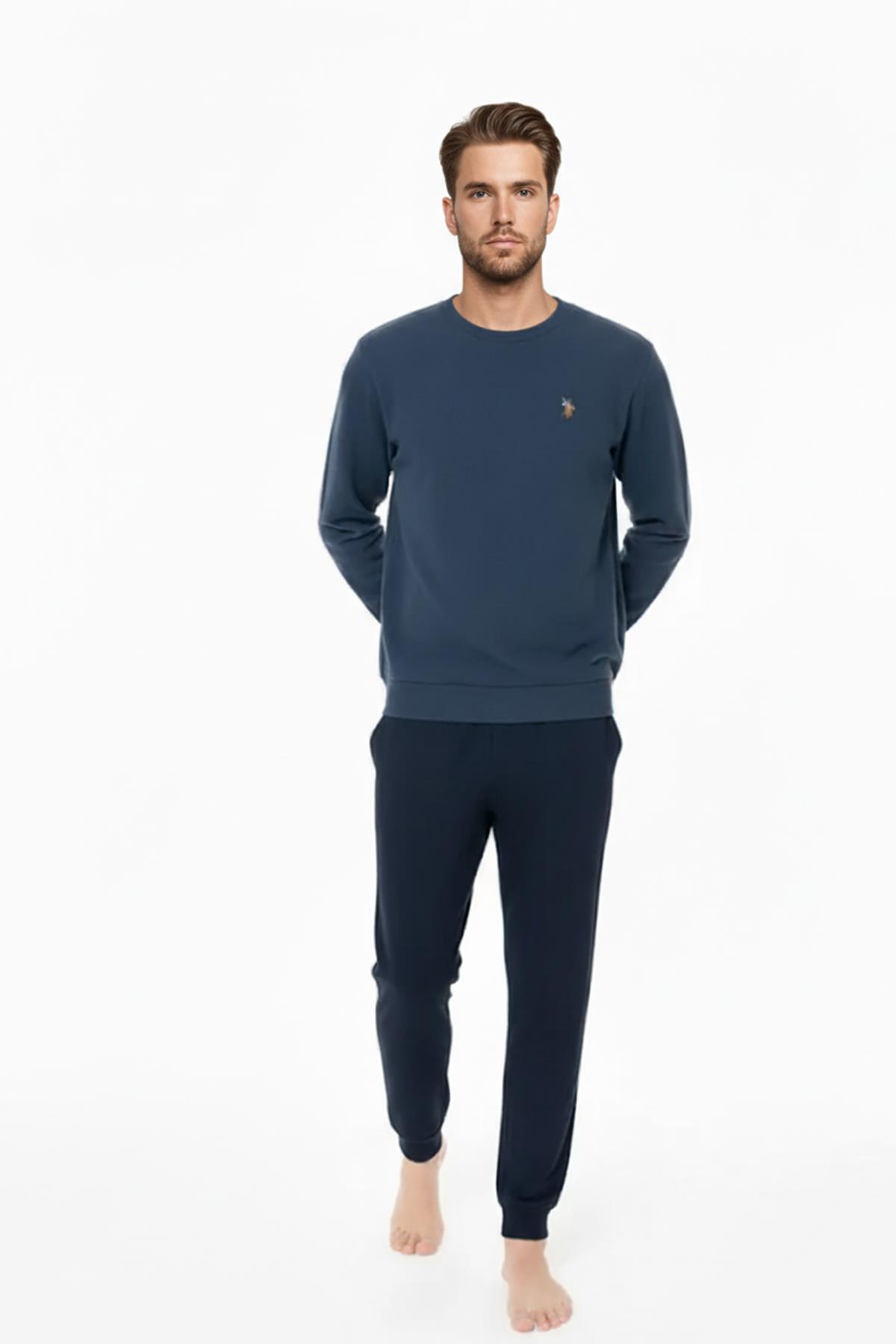 یو اس پولو ست لباس خواب مردانه آستین بلند یقه گرد کشباف با لبه نیلی C5T9N981