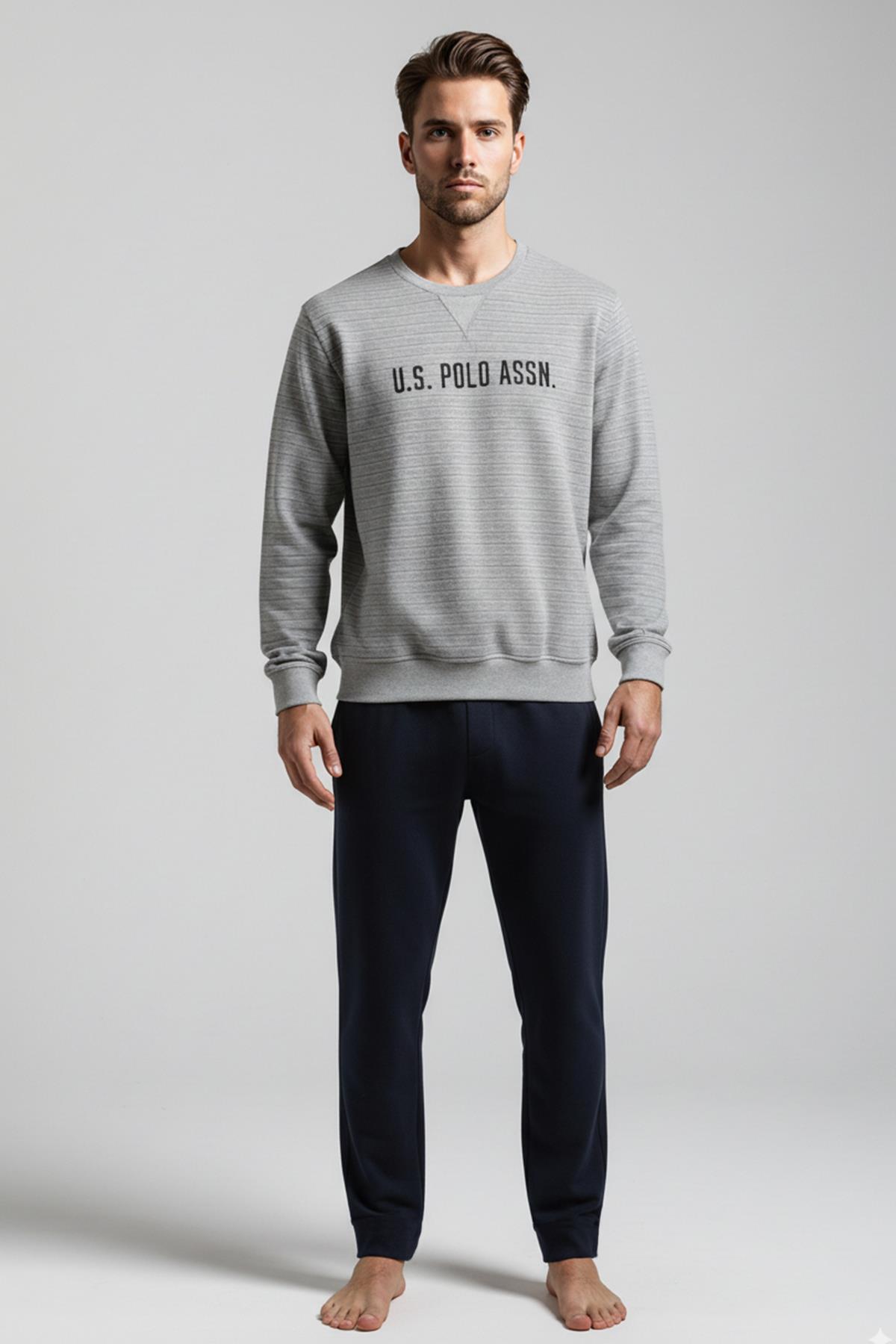 یو اس پولو ست لباس خواب مردانه آستین بلند، یقه گرد، ملانژ، خاکستری، مدل C4T3N981