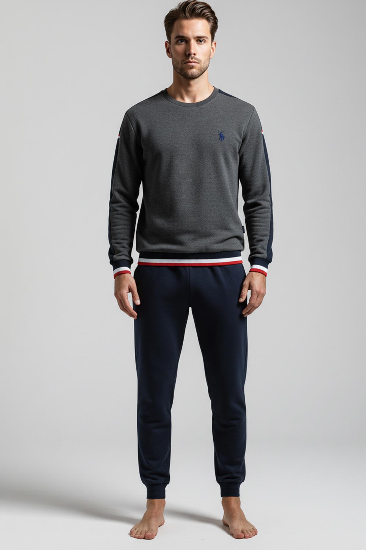 یو اس پولو ست لباس خواب مردانه آستین بلند راه راه آنتراسیت با لبه کشسان C1T3N981