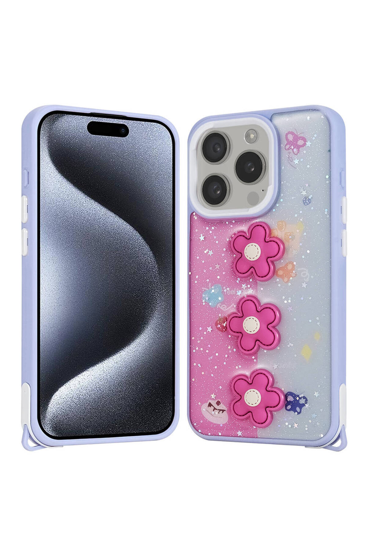 iPhone 15 Pro Kılıf Parlayan Sıvılı Simli Kabartma Figürlü TYGO Cevze Kapak-Mor Ayı
