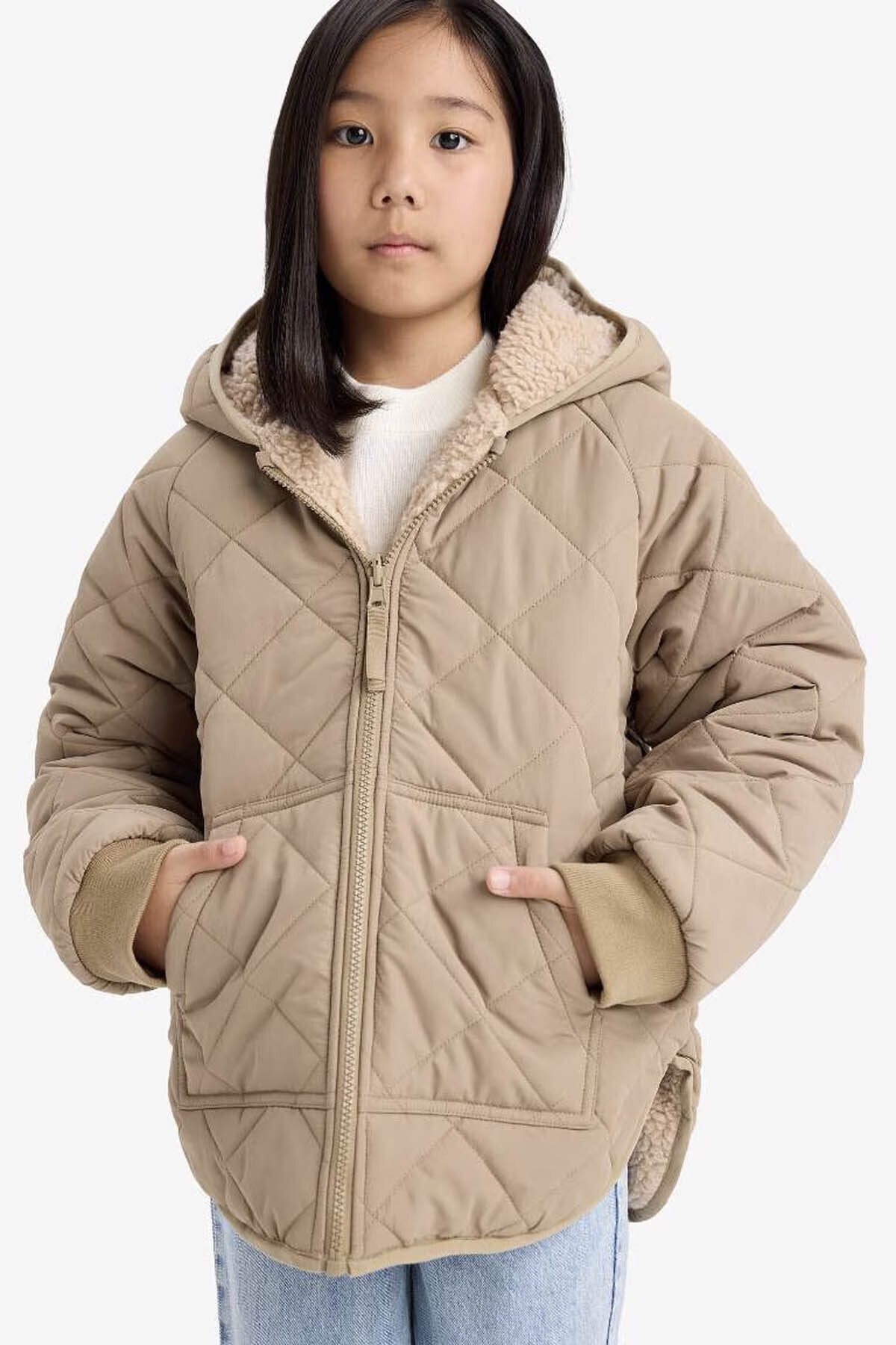 دفاکتو کاپشن دخترانه دو رو، کلاه دار، زیپ دار، لحافی، بژ، C5770A8/BG406