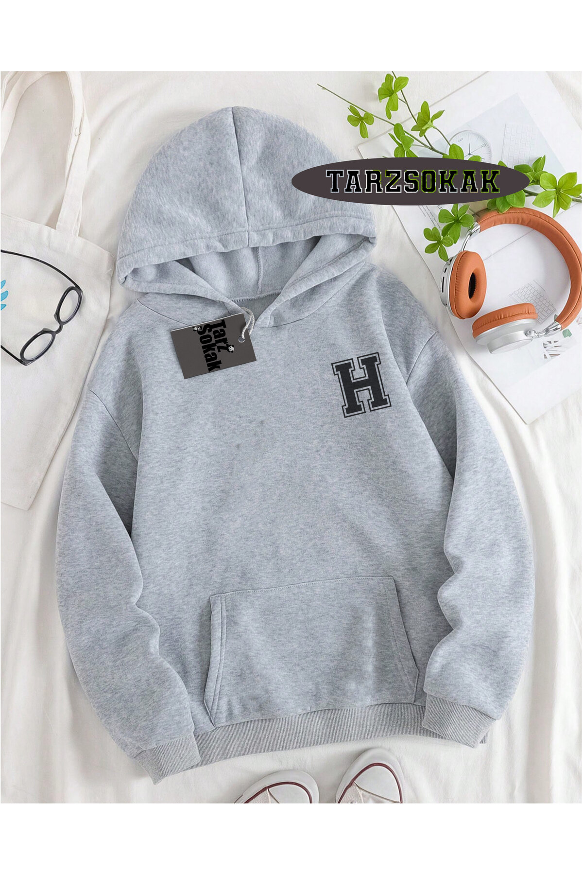 Hooded Sweatshirt Gray LETTER H NAME Specific Design