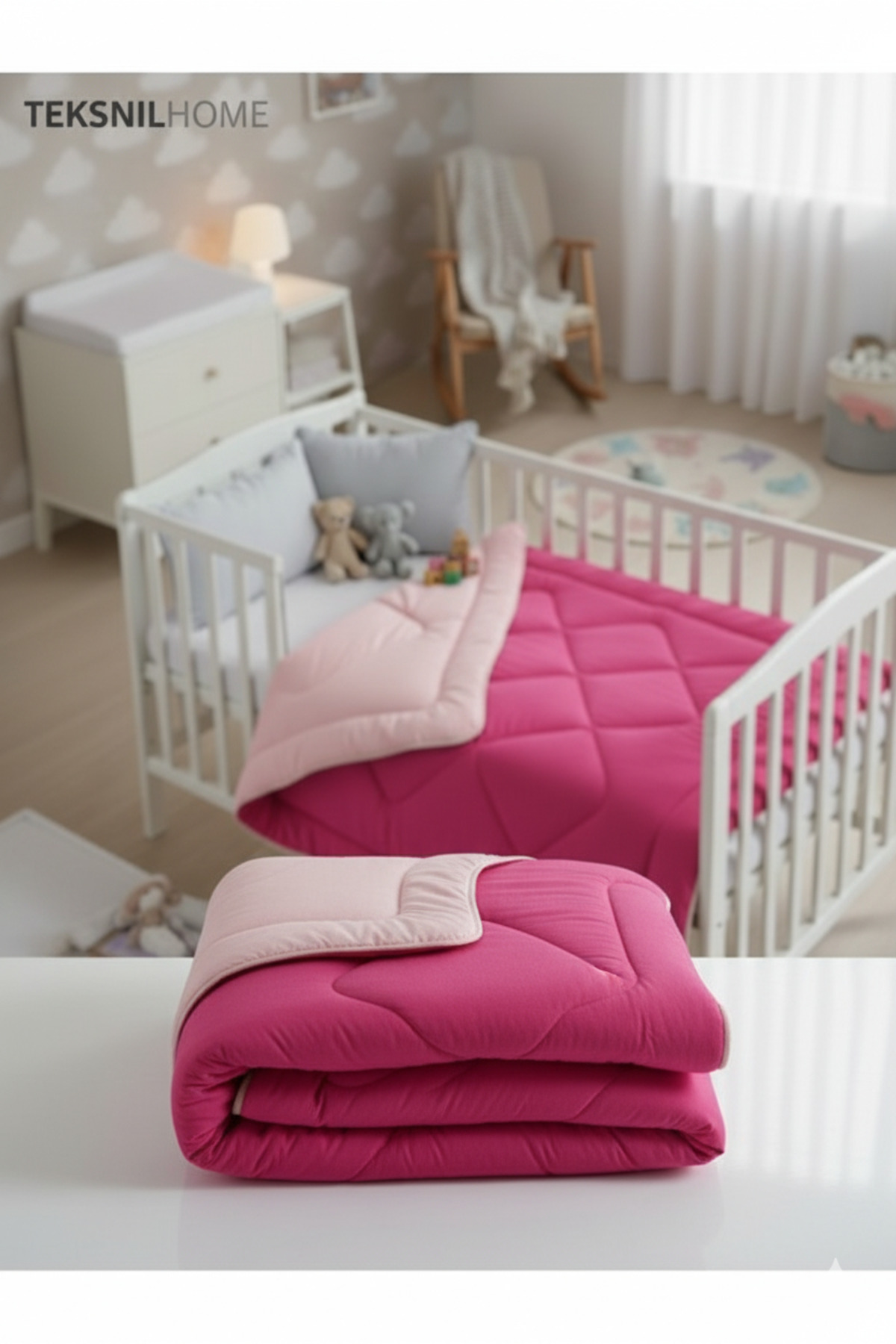 TeksNil Home Pamuklu Welsoft Bebek Yorganı 95x145 cm Fuşya Yumuşak Çift Taraflı Bebek Yorgan fotoğrafı 4 (önizleme)