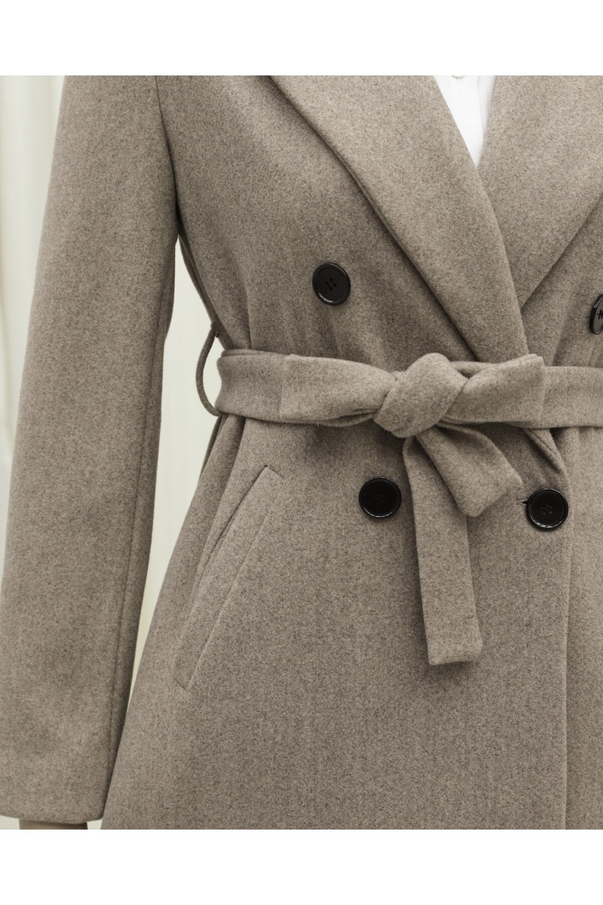 Modamorfo  Tek Düğmeli Cepli Kemerli Astarlı Kaşe Kaban -taş - Görsel 3