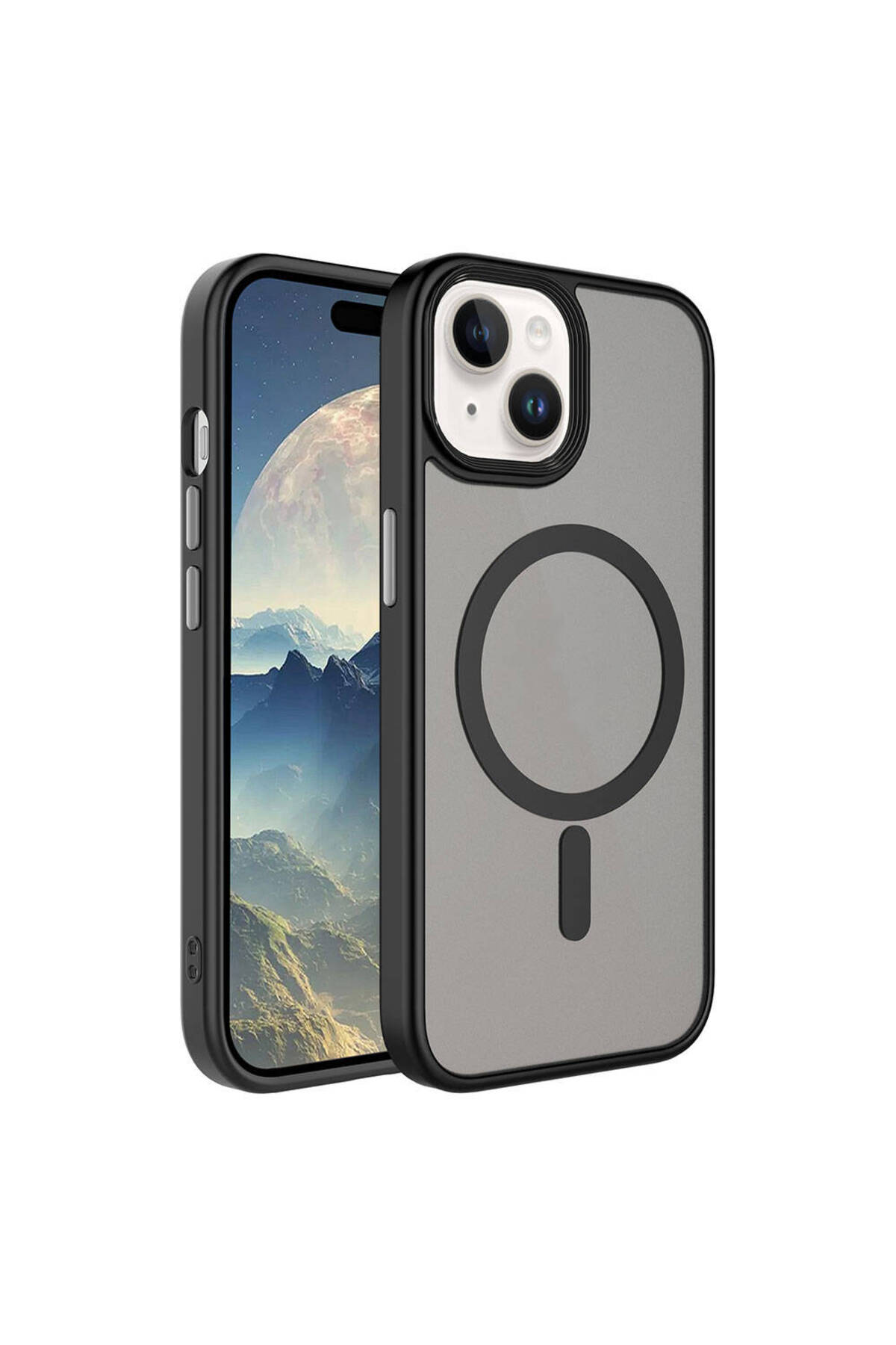 iPhone 15 Plus Uyumlu Mat Arka Yüzey Wireless Şarj Özellikli LCKC Flet Magsafe Kılıf-Siyah