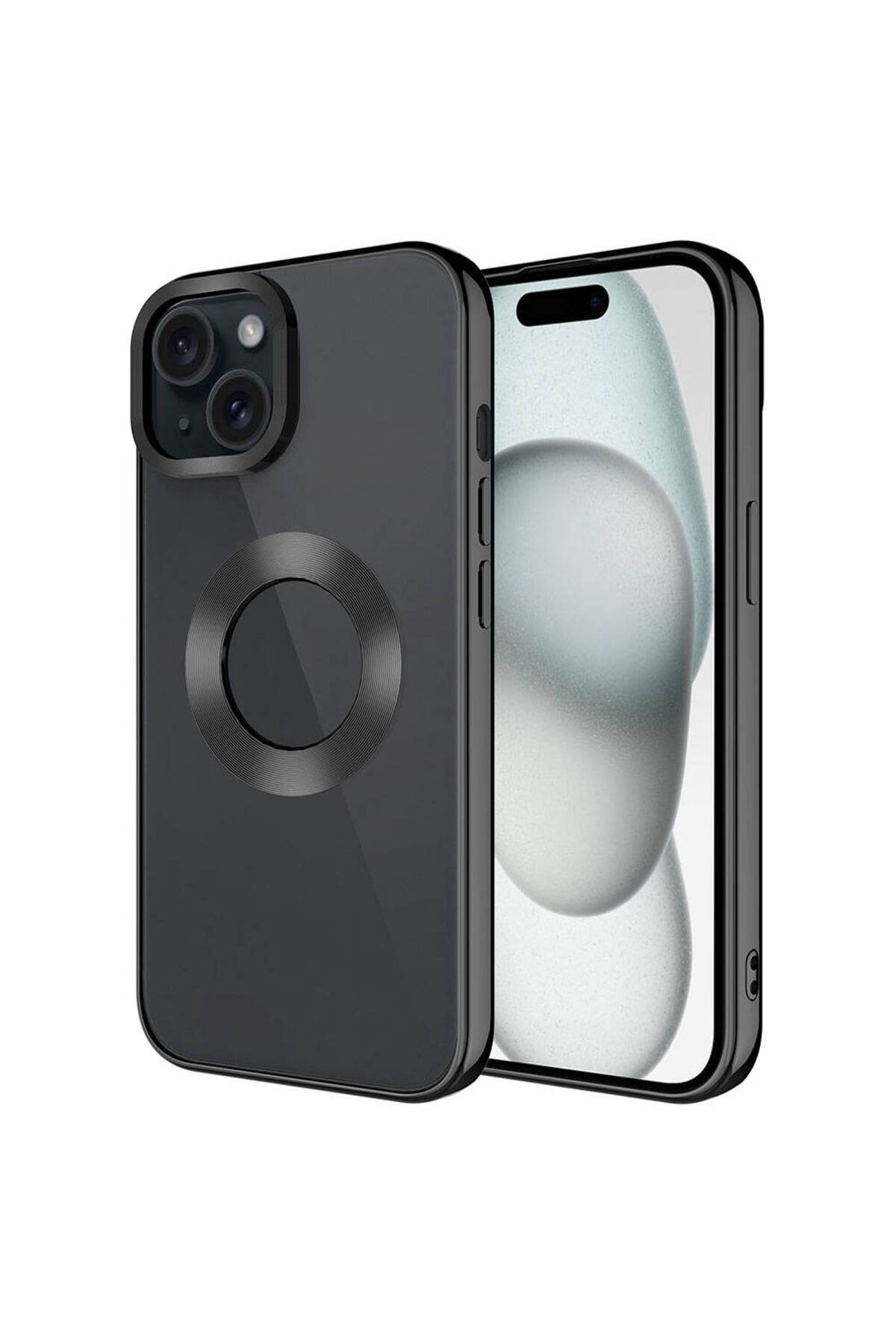 iPhone 15 Uyumlu Tek Kamera Çerçeveli Logo Gösteren LCKC Omega Kılıf-Siyah