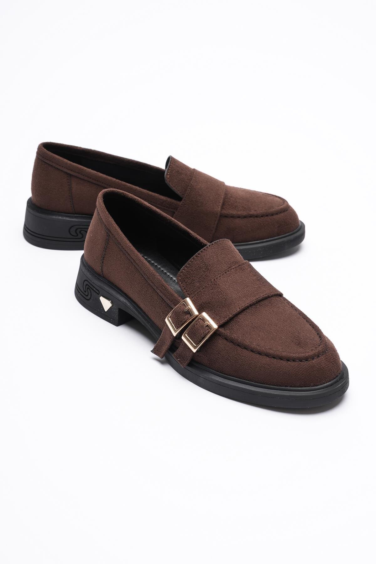 Mubiano Kadın Süet Loafer Gold Tokalı Kahve Viva