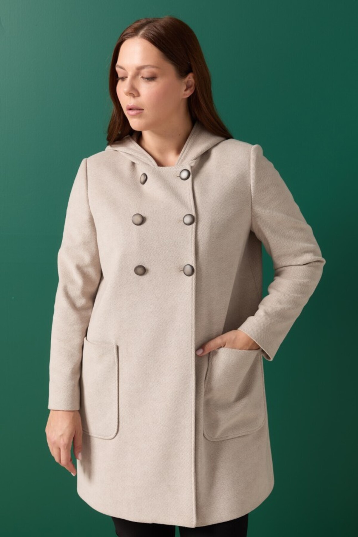 Selen Giyim Büyük Beden Kendinden Kapüşonlu Cepli Kaban