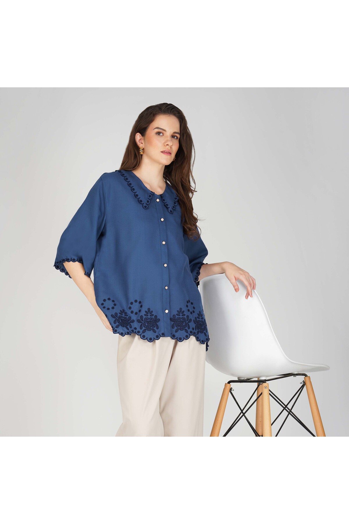 LINELLE Soft Crepe Ladies Shirt – Scallop Collar Neck, Flared Half Sleeves and Embroidery Detailing.