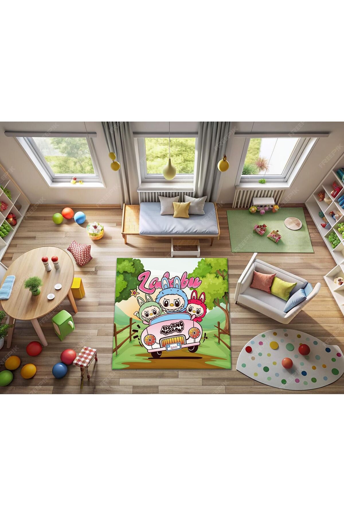 CEPHOME Çocuk Halısı LABUBU figürlü kaymaz taban dijital baskı 120x120 cm antiallerjik