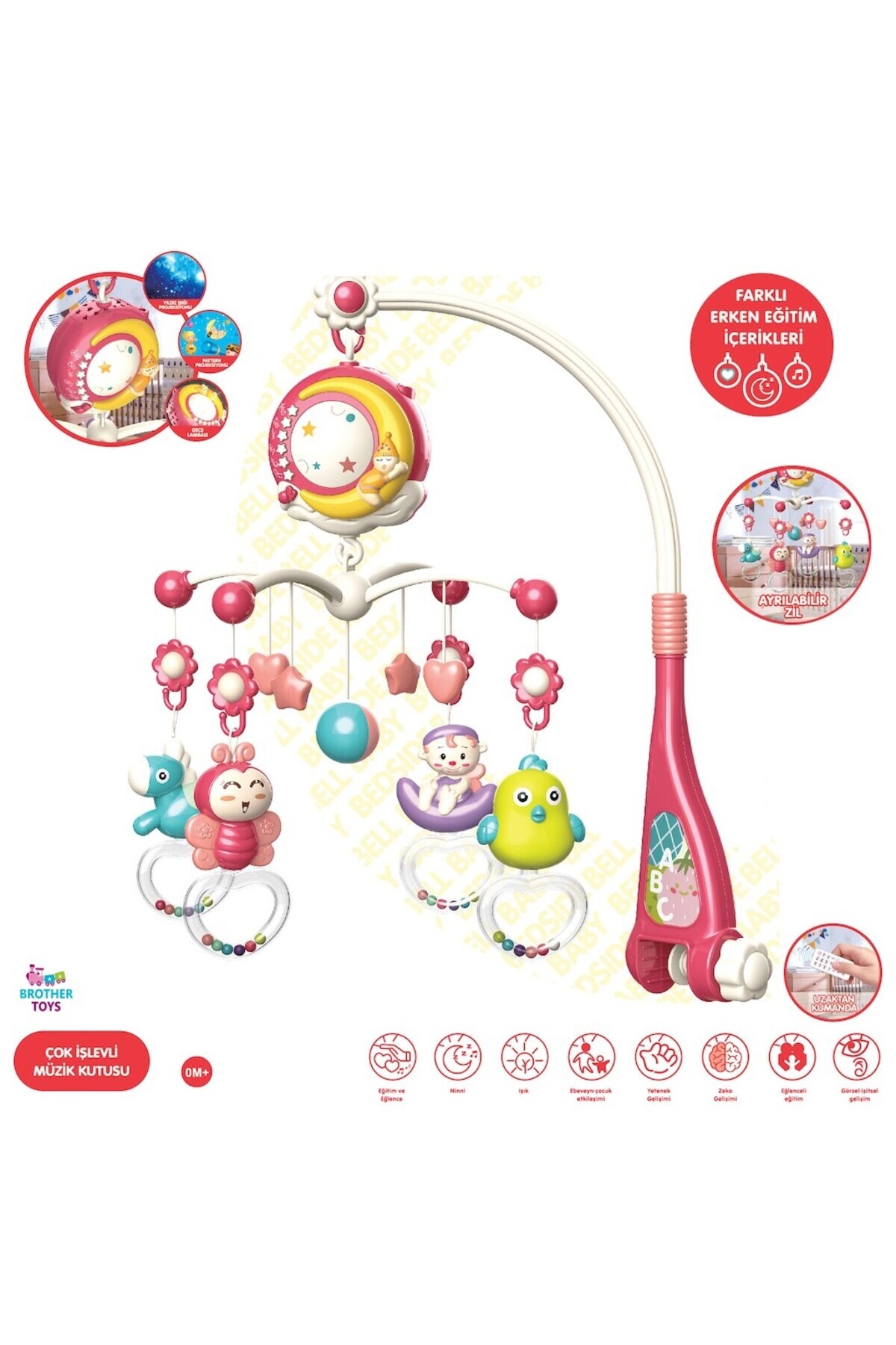 Brother Toys Dev Boy Tavana Ay Ve Yıldız Yansıtan Dönence Pilli Işıklı Uzaktan Kumandalı Beşik Bebek Kırmızı