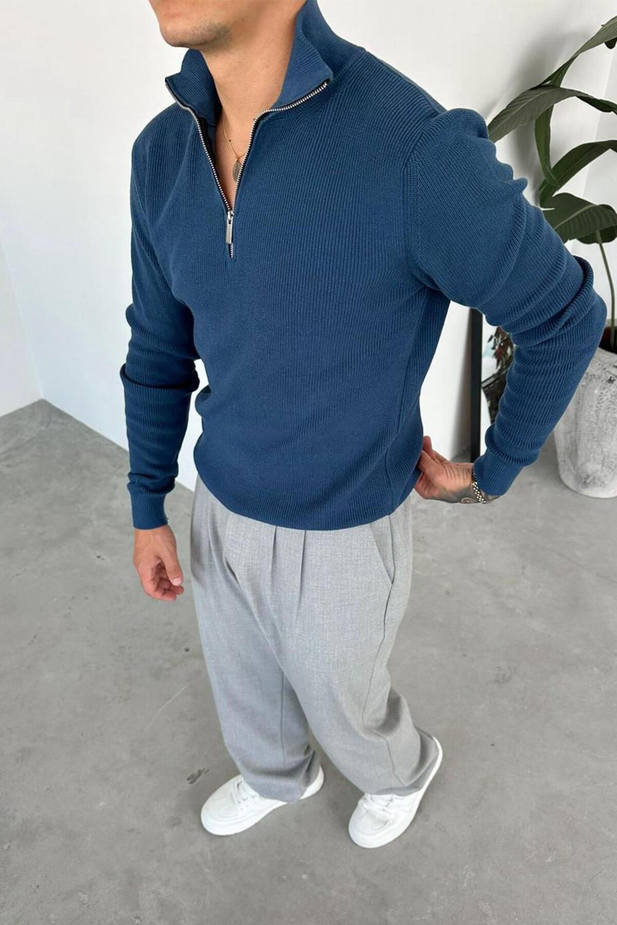 HAFKA  İndigo Basic Fitilli Yarım Fermuarlı Relaxed Kazak - Görsel 3