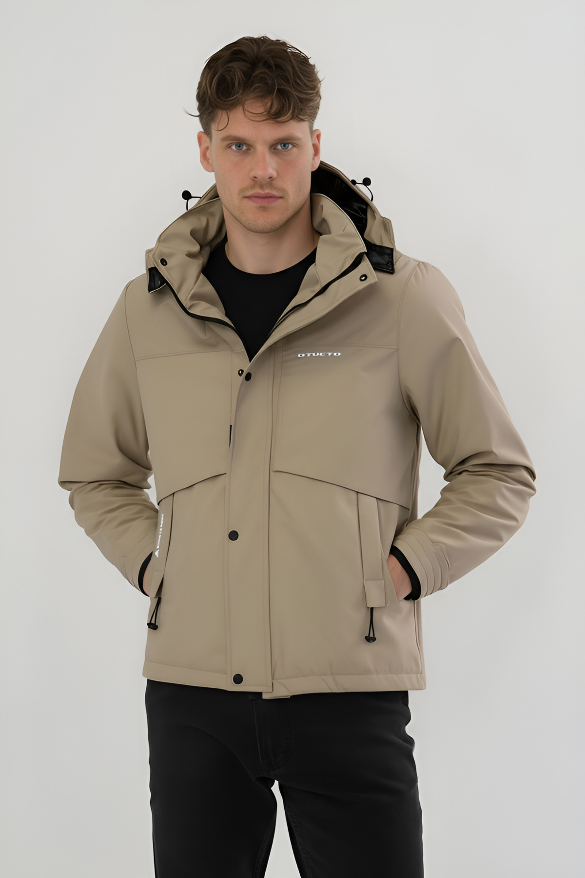 Erkek Krem Su ve Rüzgar Geçirmez Çıkartılabilir Kapüşonlu Softshell Mont & Kaban görsel 3