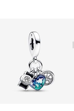 Violet Takı 925 Ayar Gümüş Kamera , Kalp Ve Pusula Üçlü Sallantılı Gümüş Charm
