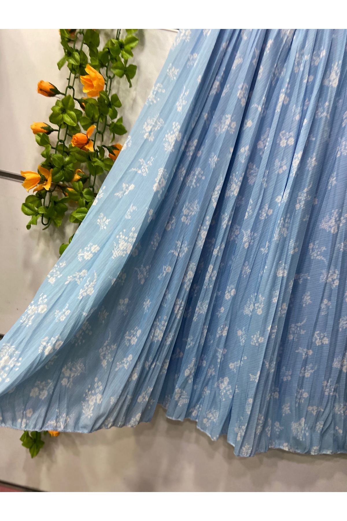 edu collection  Şifon çiçekli bohem ÇAN etek astarlı mavi - Görsel 3
