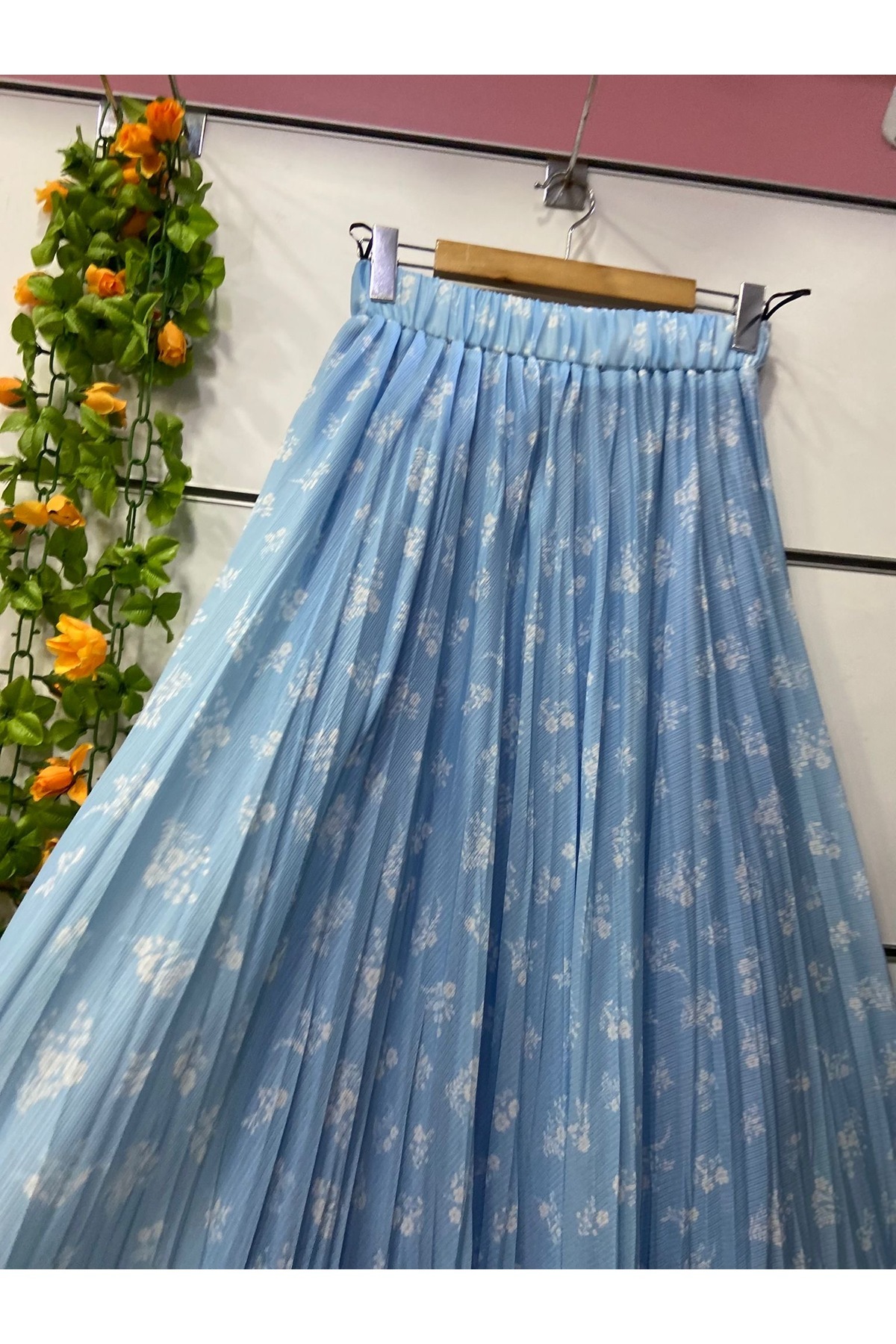 edu collection  Şifon çiçekli bohem ÇAN etek astarlı mavi - Görsel 2