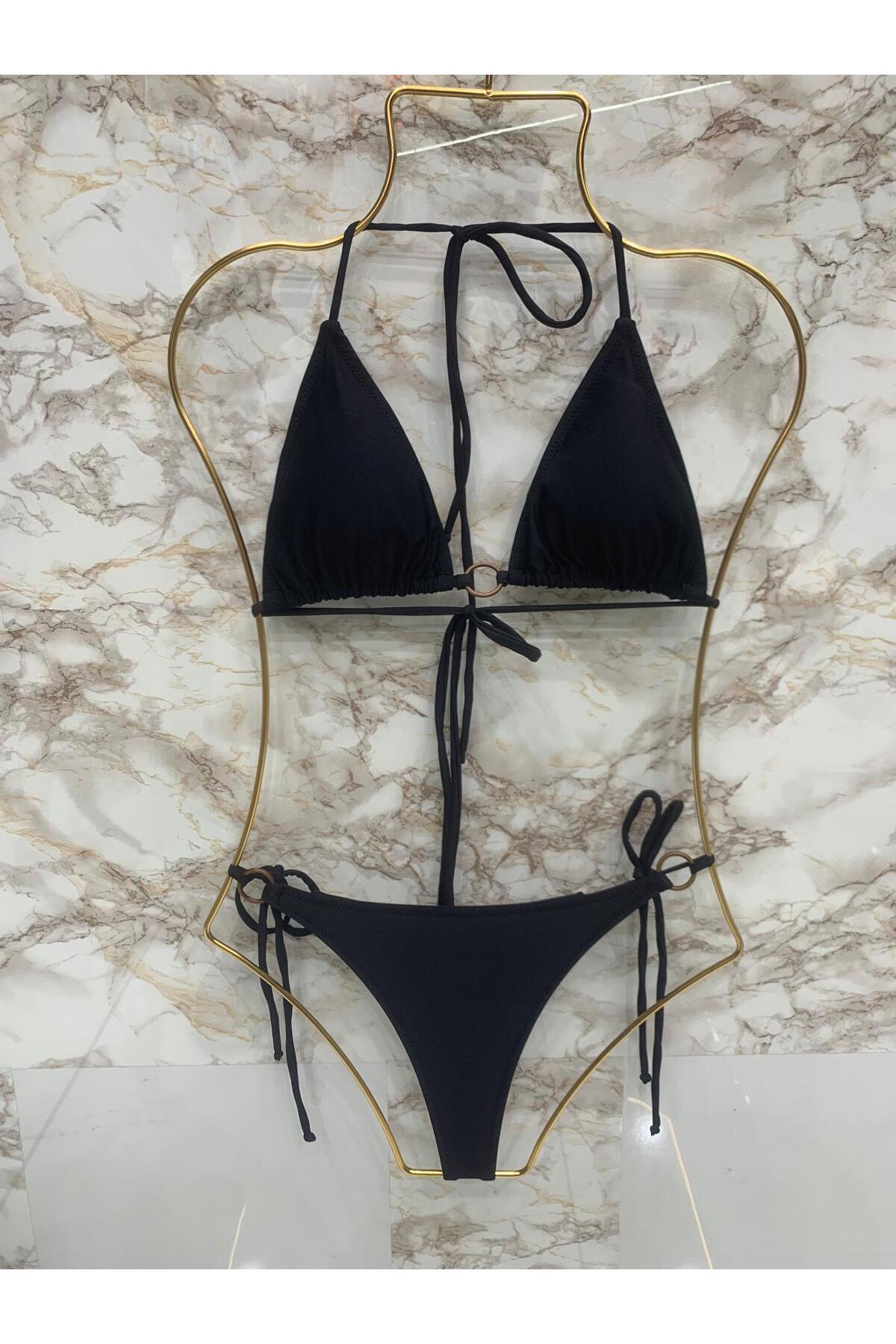 VAJESTO Kadın Siyah Halka Detay String Yandan Ve Boyundan Bağlamalı Şık İpli Tanga Likralı Bikini Takım