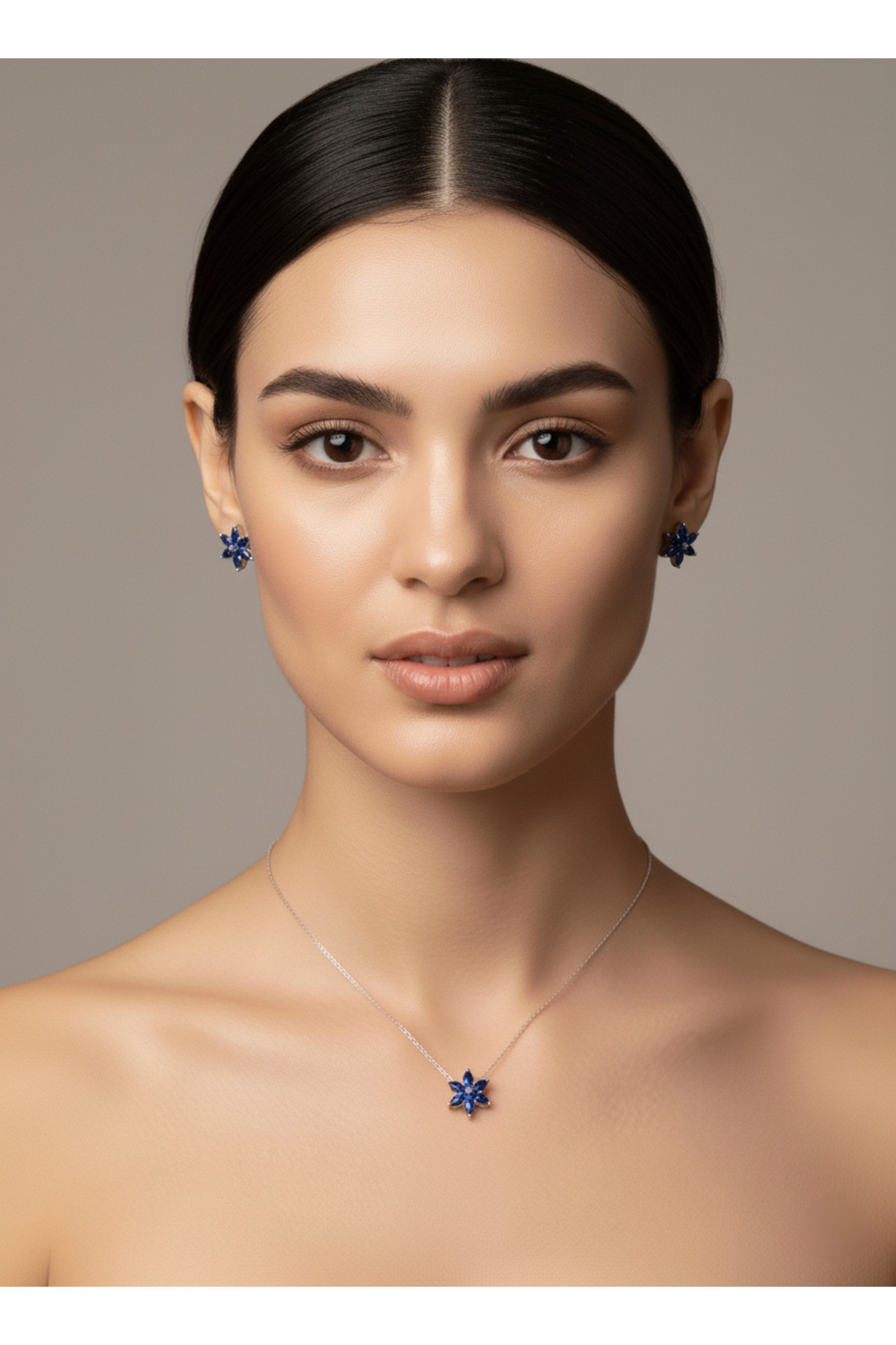 AURA Safir Mavisi Lotus Çiçeği Kolye Küpe Kombin Gümüş Renk