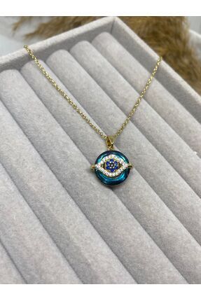 Kaan Accessoire Yuvarlak Zirkon Taşlı Mavi Nazar Boncuklu Göz Çelik Kolye (40...