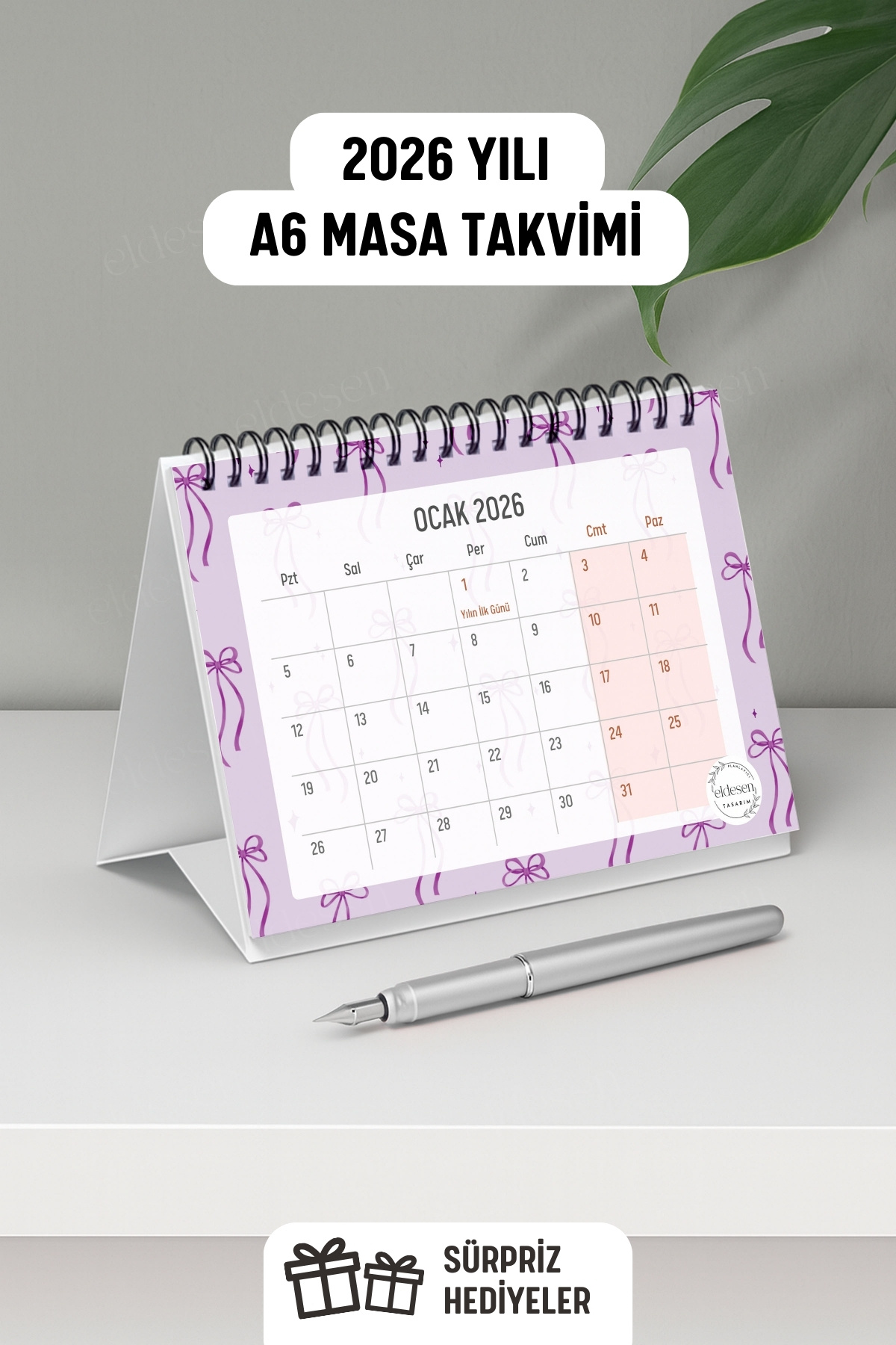 Eldesen Tasarım 2026 Masa Takvimi Spiralli A6 (15x12cm) Orta Boy / Resmi Tatiller ve Hafta Sonları / 12 Aylık