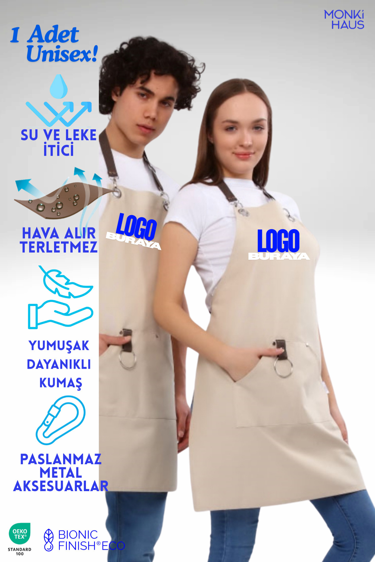 Monki Haus Firmalara Özel Nakış Logolu Su itici Leke Tutmaz Önlük Kafe Pastacı Mutfak Chef Çiçekçi Önlükleri