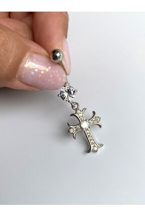 kurukafagift Çelik Haç Göbek Piercing Zirkon Taşlı Sallantılı