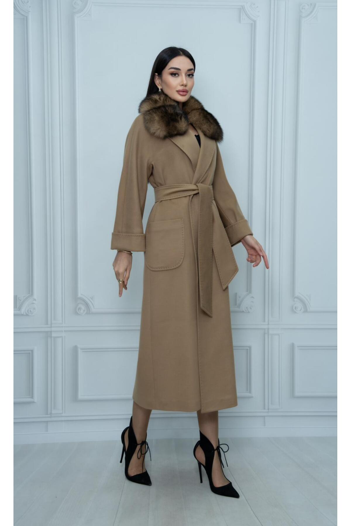 Eccim Fashion  Kruvaze Kürk Yaka Sade Kemerli Uzun Kaşmir Kadın Palto Kaban Ceket - Görsel 2