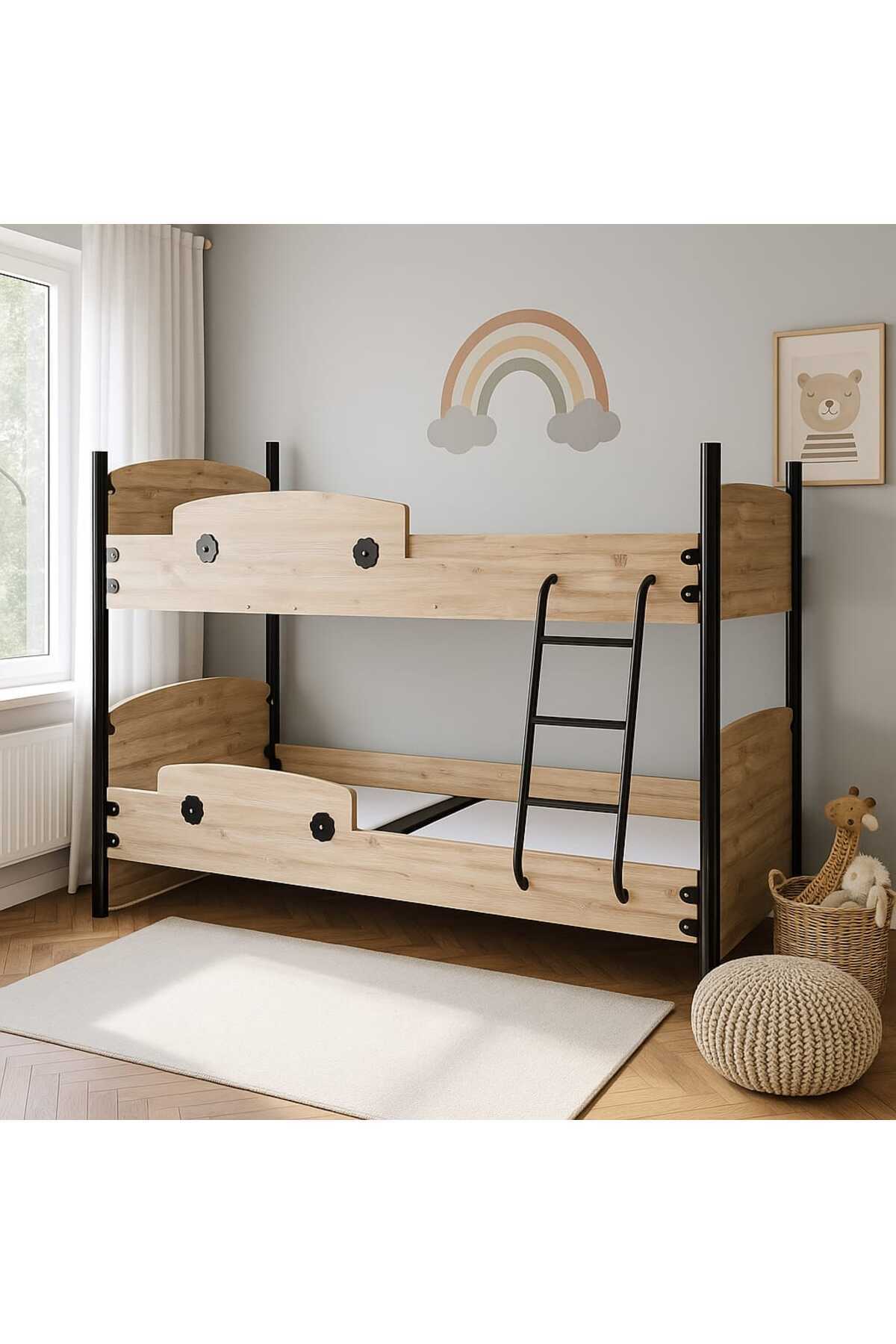 alfafe home 2 Kişilik Metal Merdivenli Destekli Ahşap Ranza – Modern ve Dayanıklı Tasarım