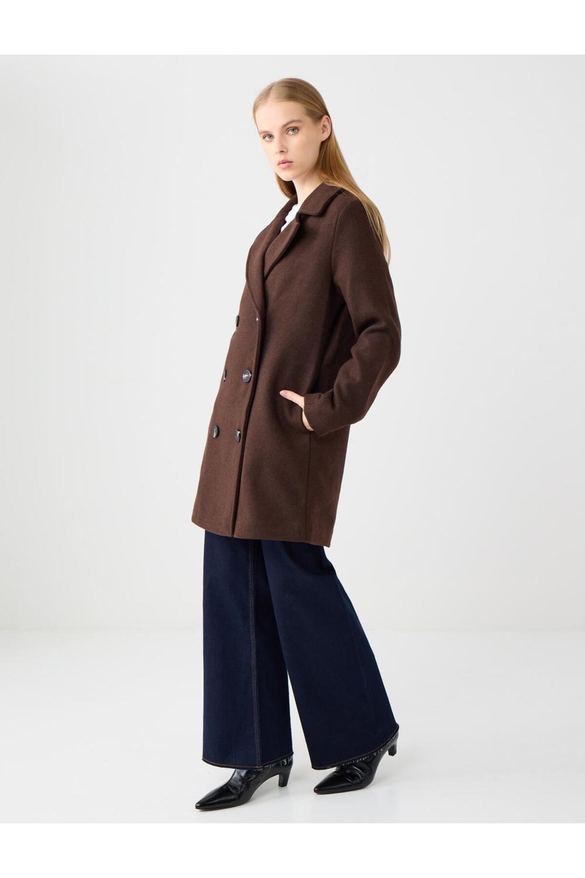 Jimmy Key  Acı Kahve Düz Kesim Ceket Yaka Cep Detaylı Kaşe Kaban - Görsel 2