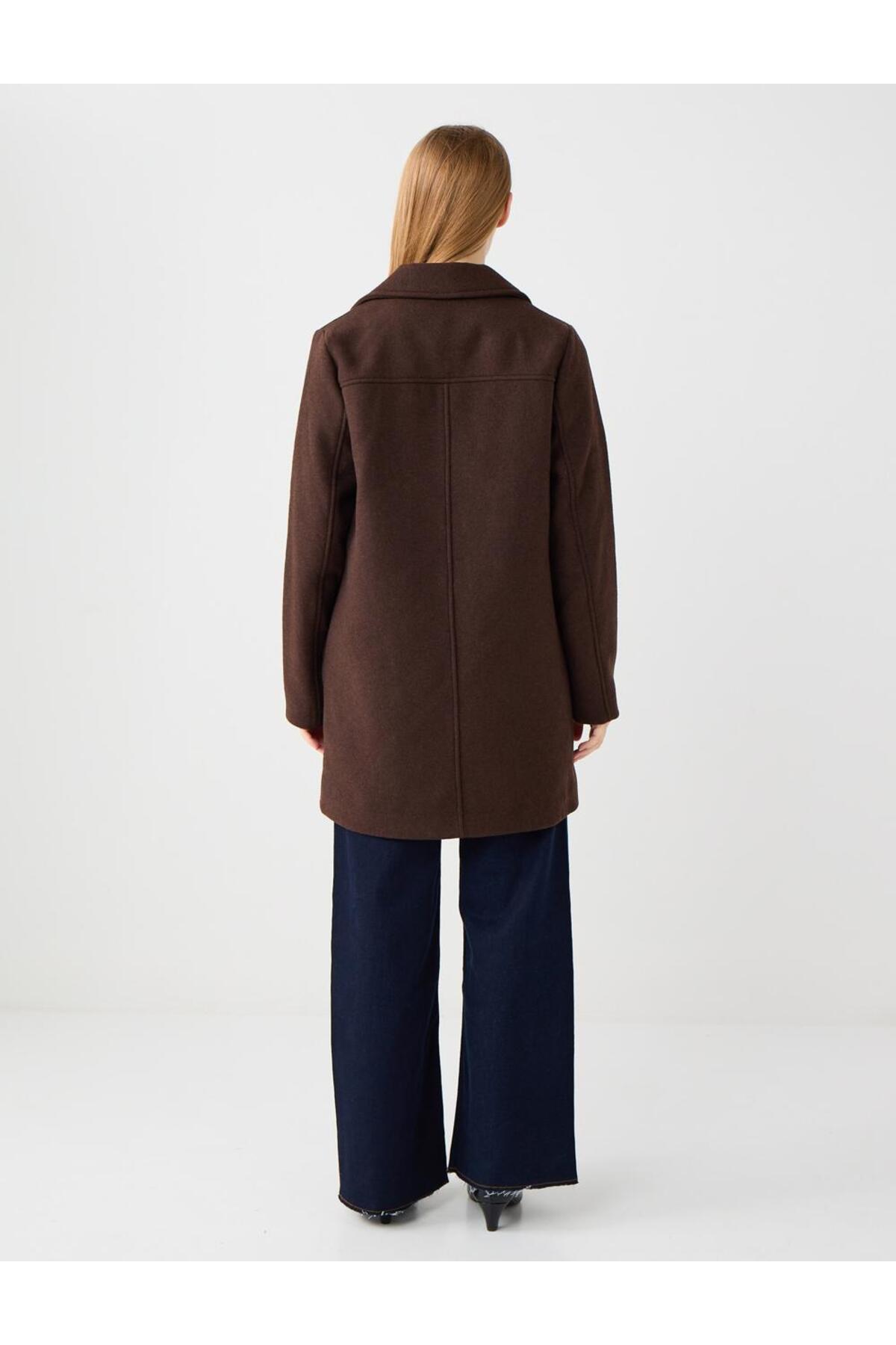 Jimmy Key  Acı Kahve Düz Kesim Ceket Yaka Cep Detaylı Kaşe Kaban - Görsel 6