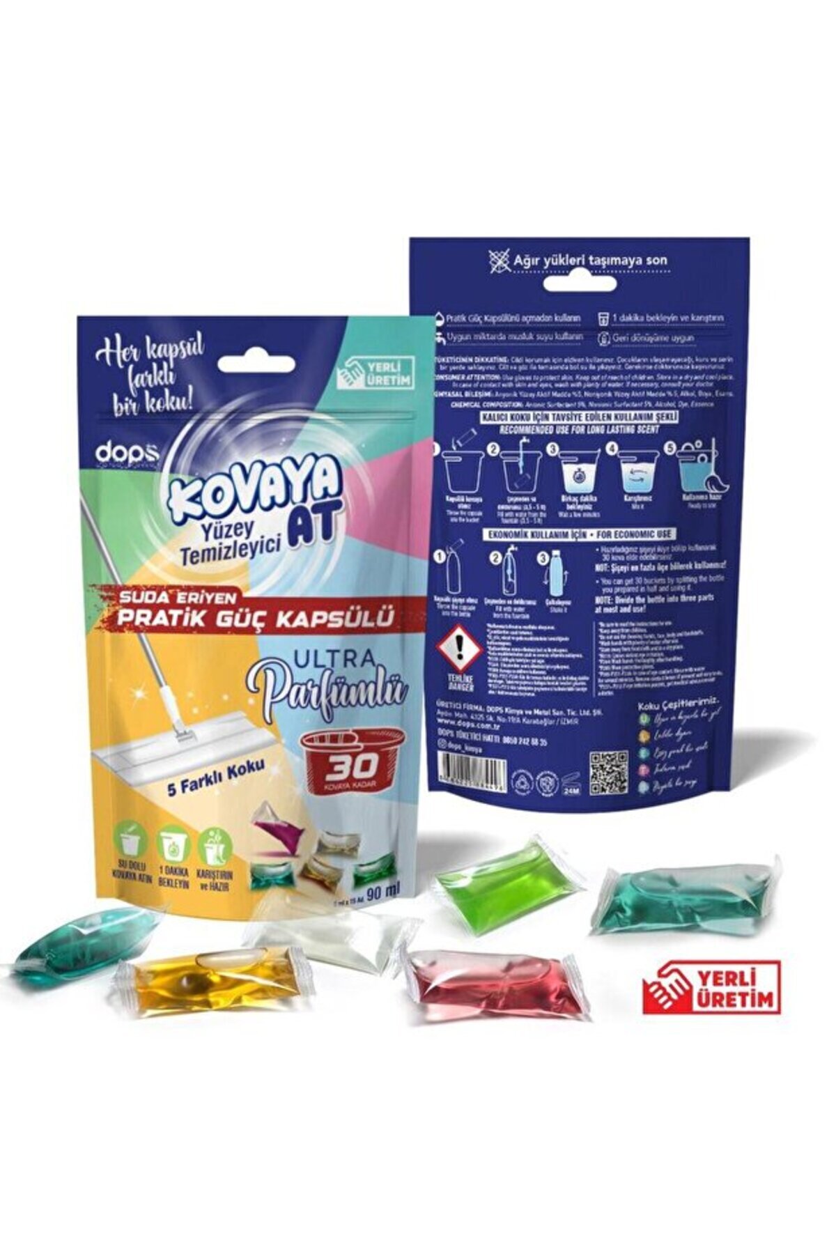 dops KOVAYA AT ,Konsantre Suda Eriyen Parfümlü Yüzey Temizleyici Kapsül ,5 Farklı Kokulu 15 Kapsül