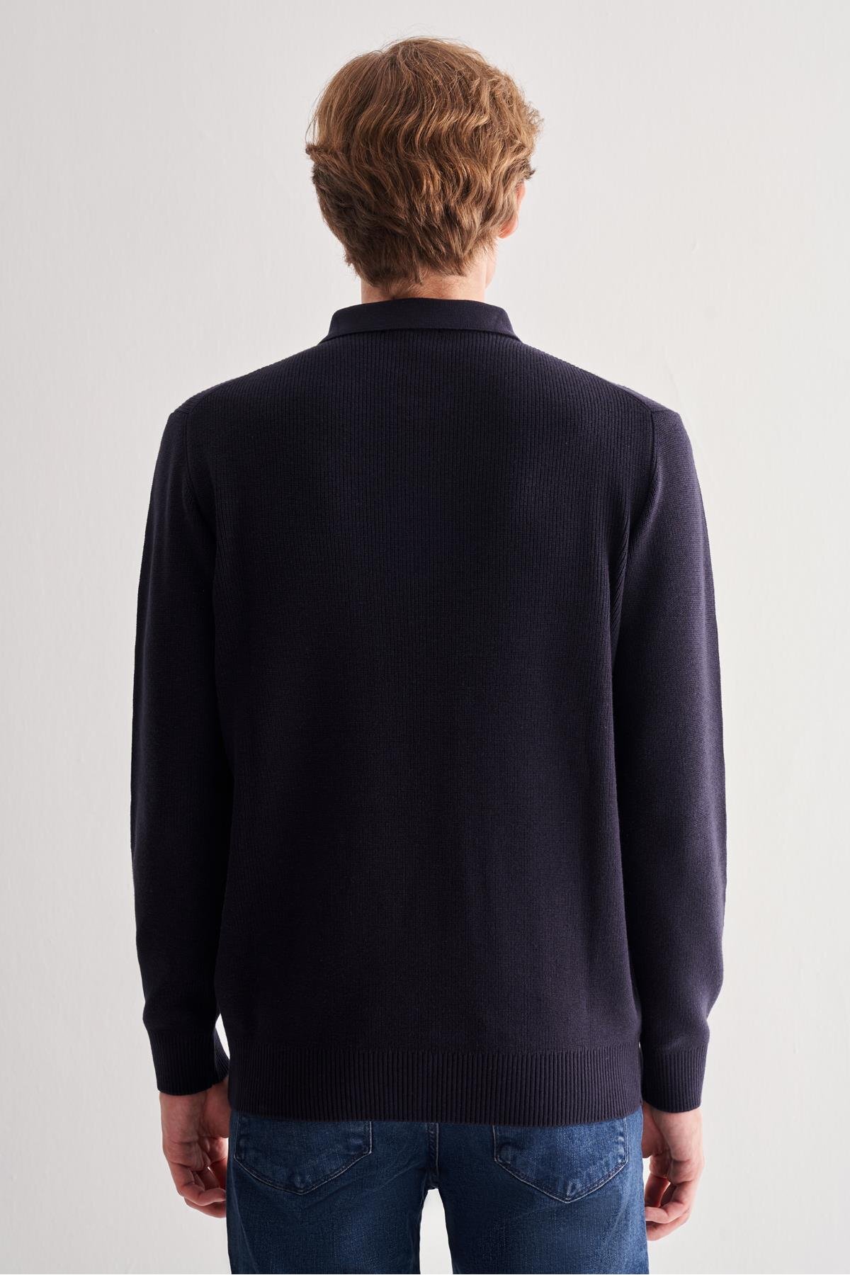 İmza  Koyu Lacivert Fermuarlı Polo Yaka Uzun Kol Cepsiz Comfort Fit Casual Pamuklu Triko Kazak 1012255202 - Görsel 5