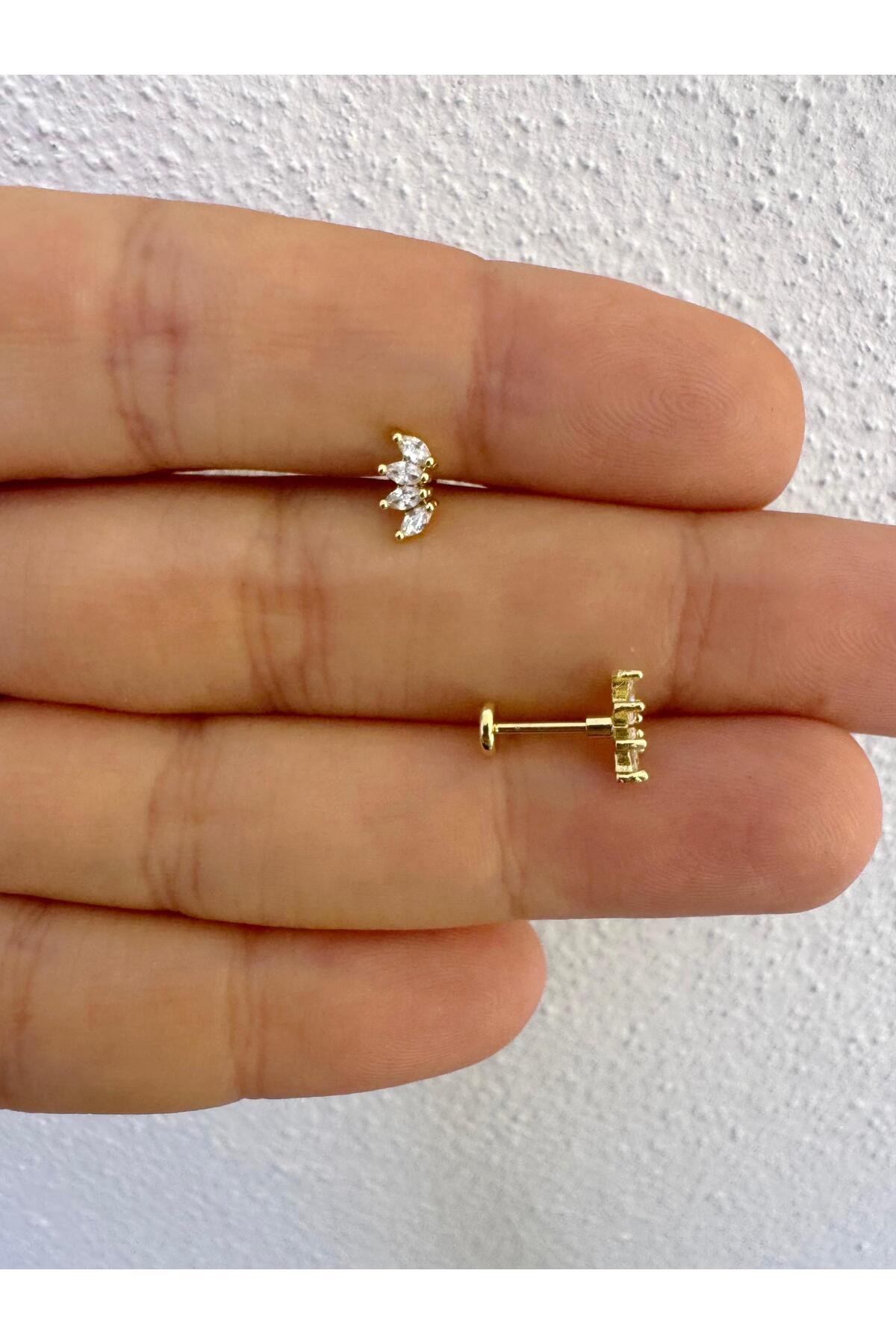 Arescollection 1 ADET ZİRKON TAŞLI ARKASI DÜZ ÖNDEN TAKMALI TRAGUS HELİX PİERCİNG görsel 2