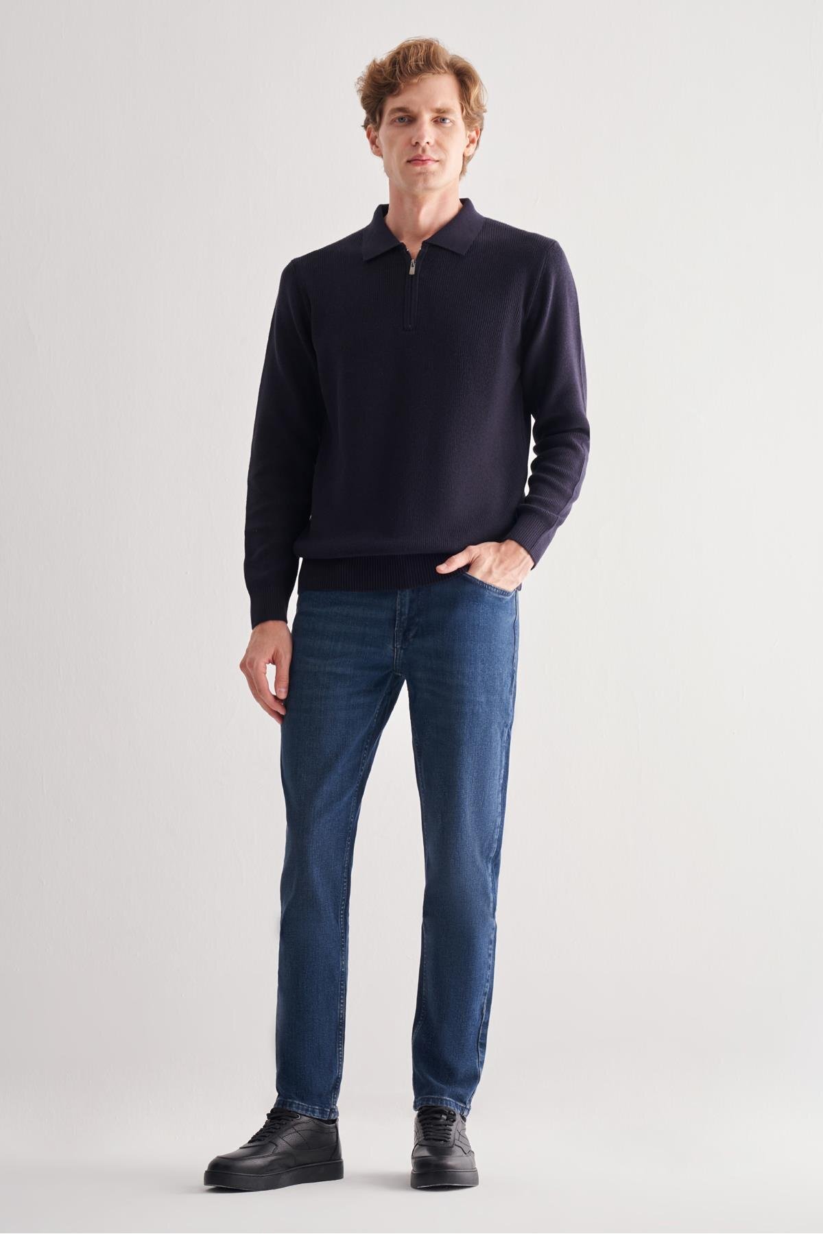 İmza  Koyu Lacivert Fermuarlı Polo Yaka Uzun Kol Cepsiz Comfort Fit Casual Pamuklu Triko Kazak 1012255202 - Görsel 2