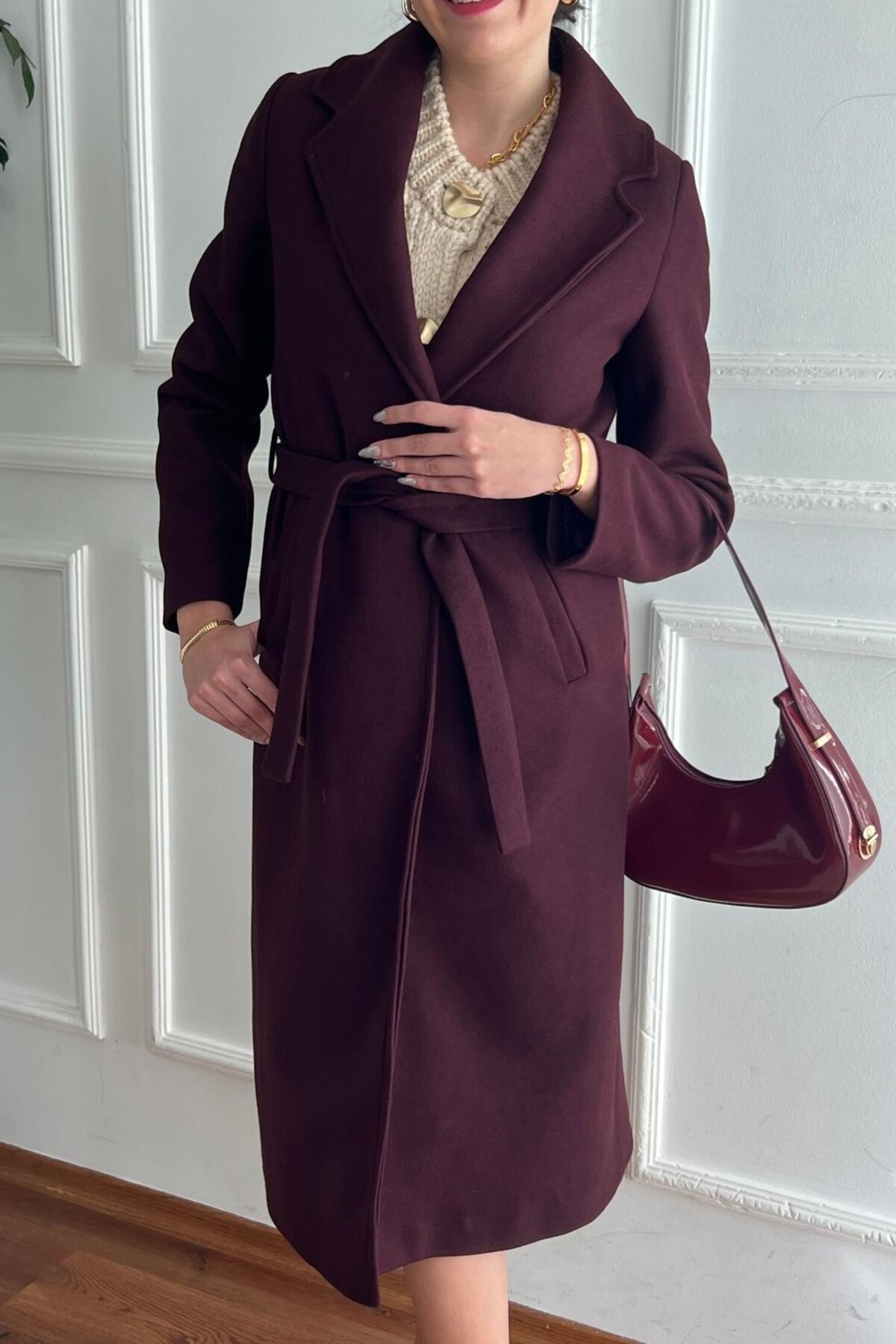 Suziş  KADIN MÜRDÜM KUŞAKLI PREMİUM KABAN 9350 - Görsel 5