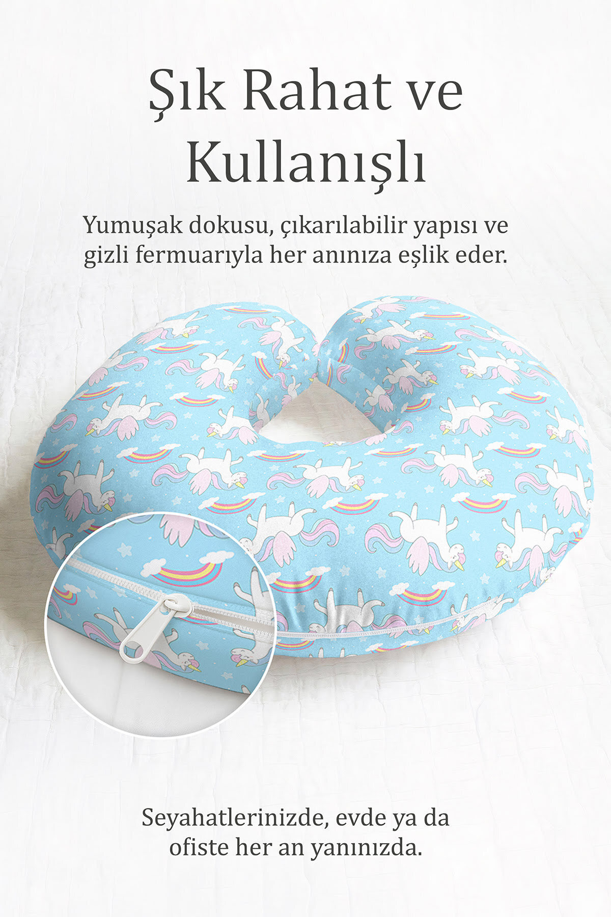 Unicorn Pattern Cotton Neck Pillow - Colorful Pastel Cloud Blue Kids & Adult Travel Pillow