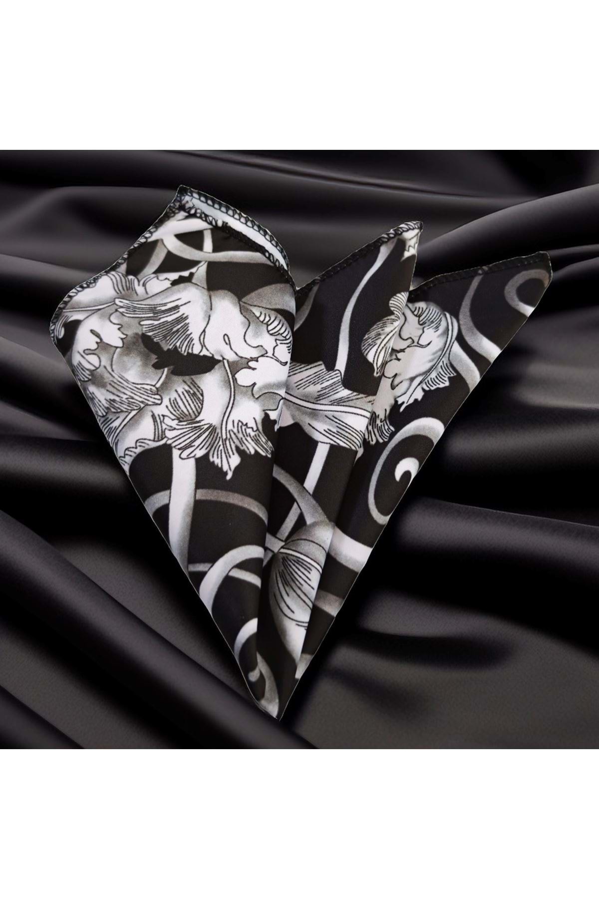 Exve Exclusive Siyah üzeri Gri Şal Desen Baskılı PES Cep Aksesuarı Yaka Mendili