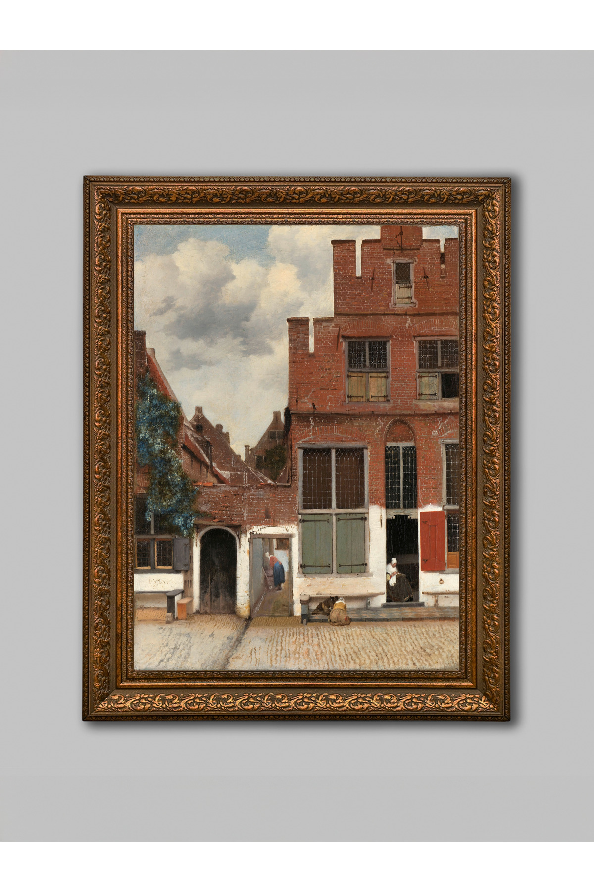 Calm Street and Red Brick House View Painting – Decorative Living Room Wall Table with Brown Aged Frame