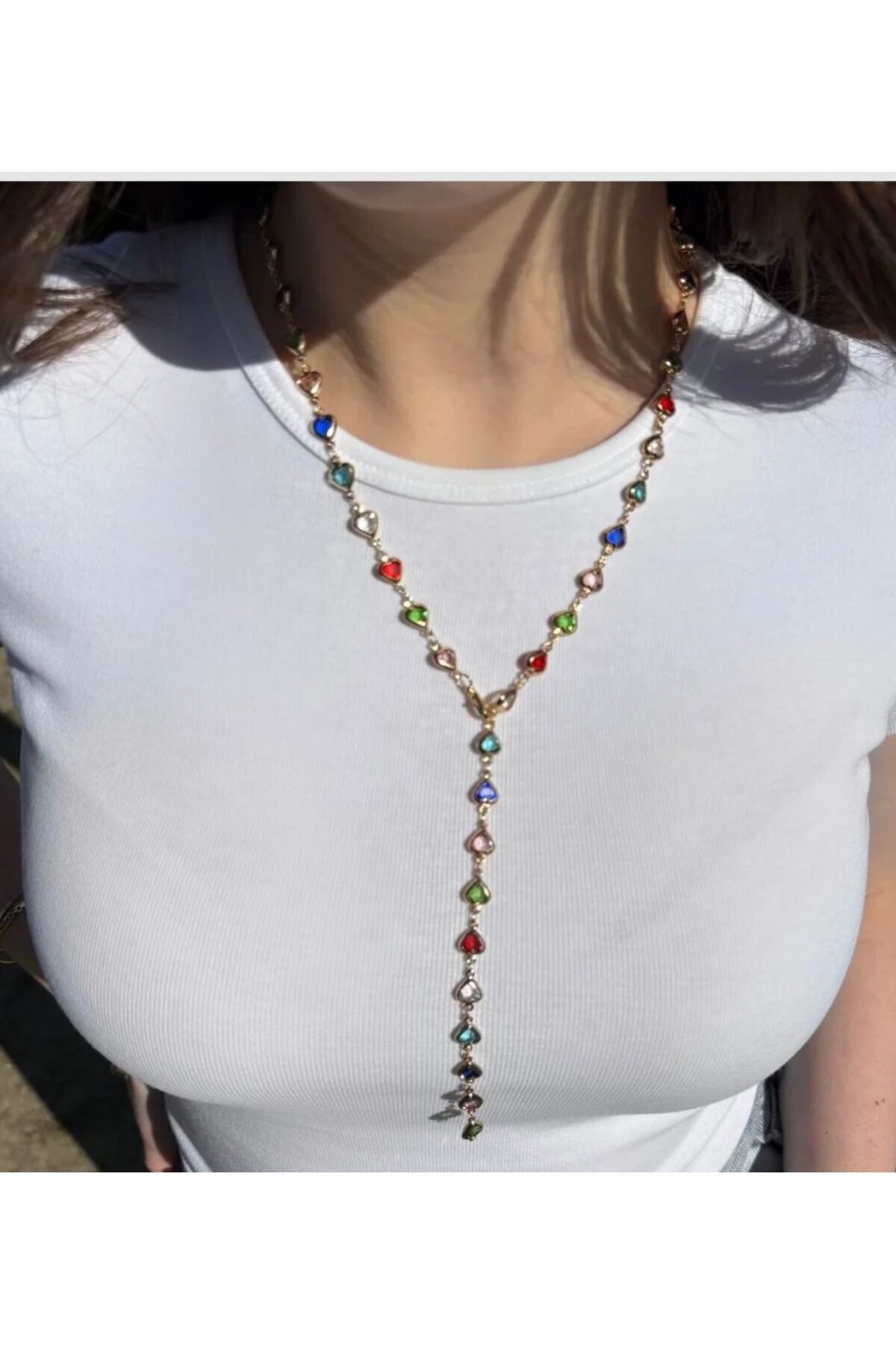 şinda takı RENKLİ KALPLİ Y MODEL YENİ SEZON KOLYE